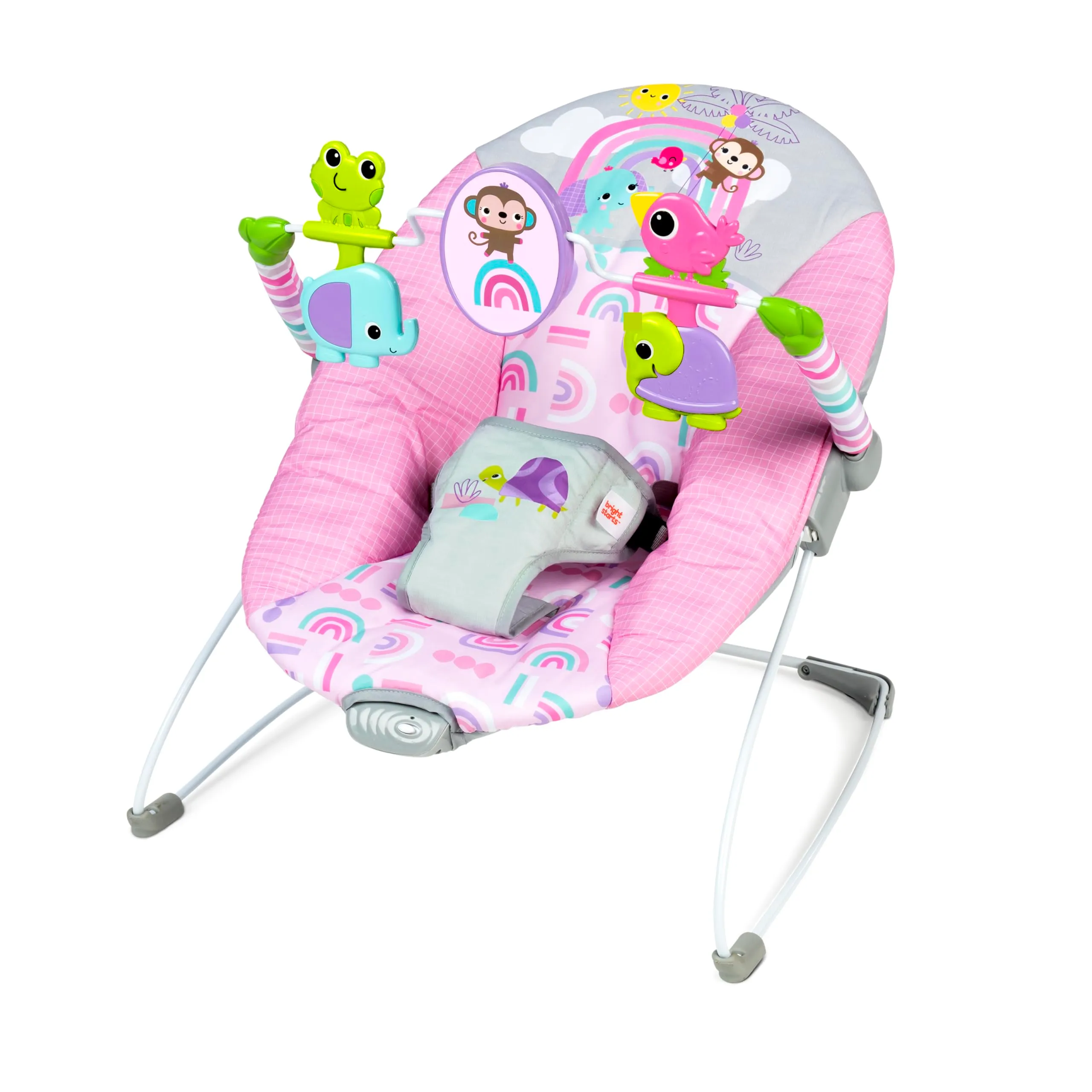 Bright Starts Seggiolino Portatile Vibrante per Neonati con Barra Giocattoli, Peso massimo 9 kg, Età 0-6 Mesi (Pink Paradise)