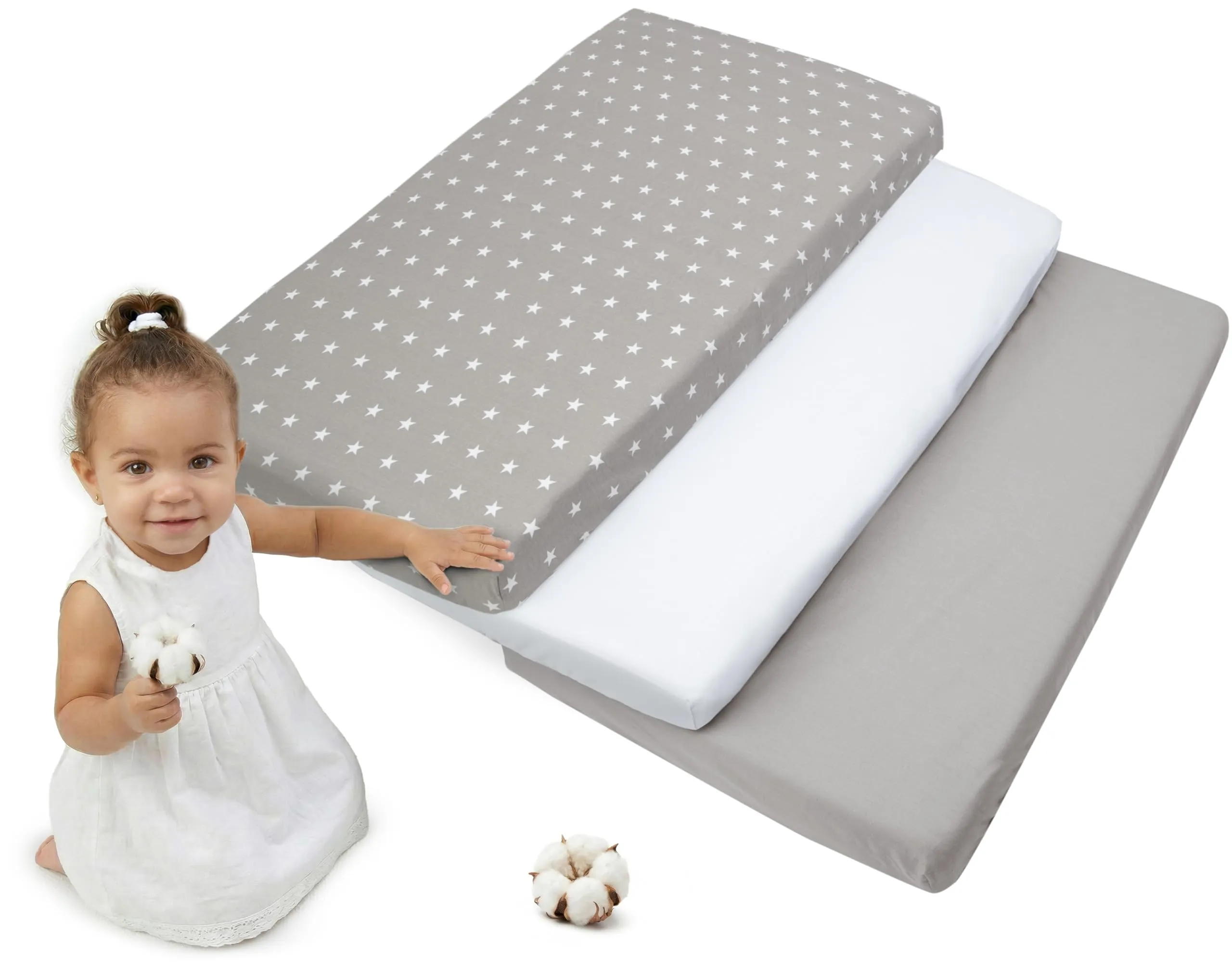 Medi Partners Lenzuola Lettino Set 3 Neonato 60x120-100% Cotone Lenzuolo con Angoli Culla Coprimaterasso fitted Materassino Sheet Letto Bambino Lenzuolino (Stelle Bianche Su Grigio-Bianco-Grigio)