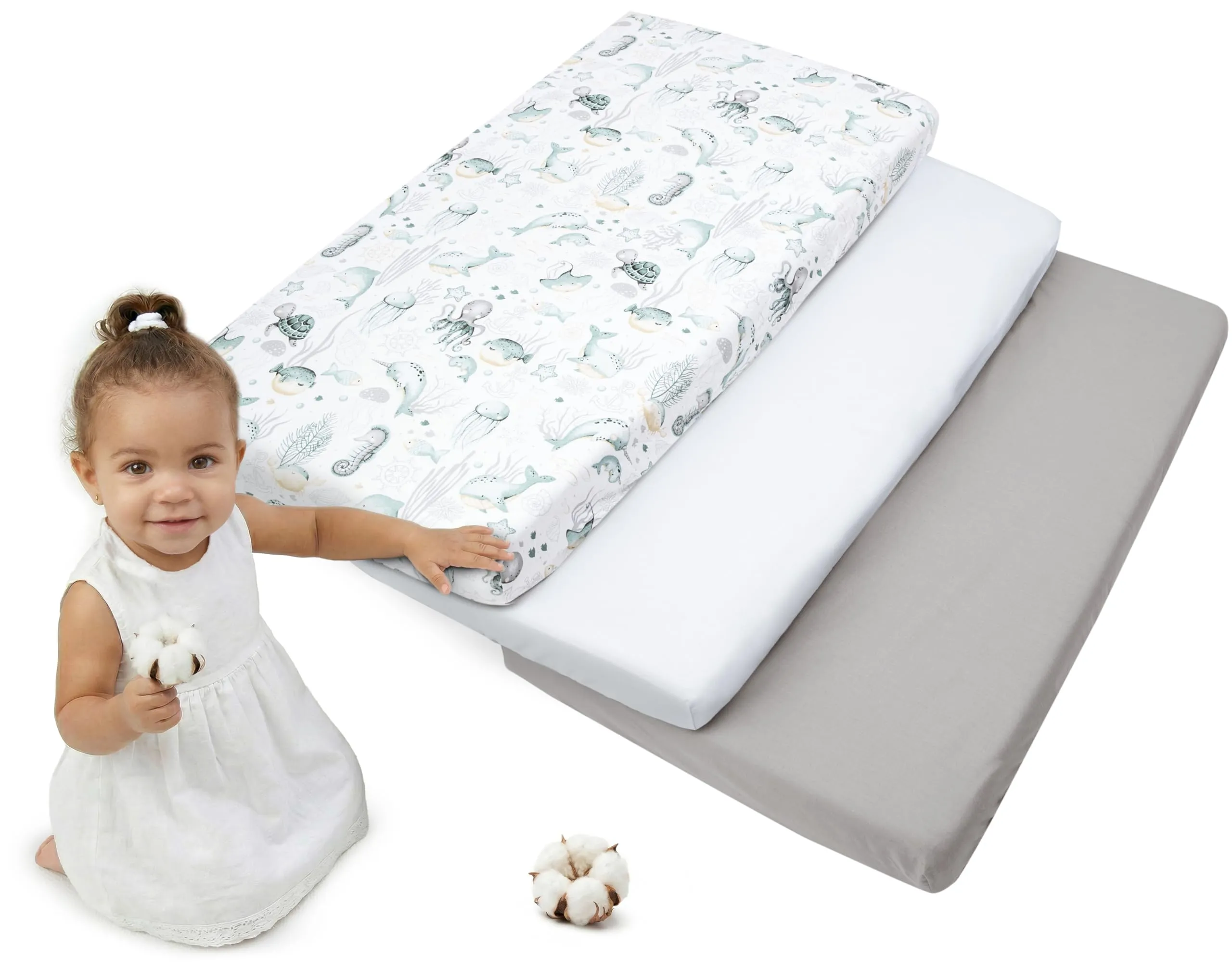 Medi Partners Lenzuola Lettino Set 3 Neonato 60x120-100% Cotone Lenzuolo con Angoli Culla Coprimaterasso fitted Materassino Sheet Letto Bambino Lenzuolino (Oceano-Bianco-Grigio)
