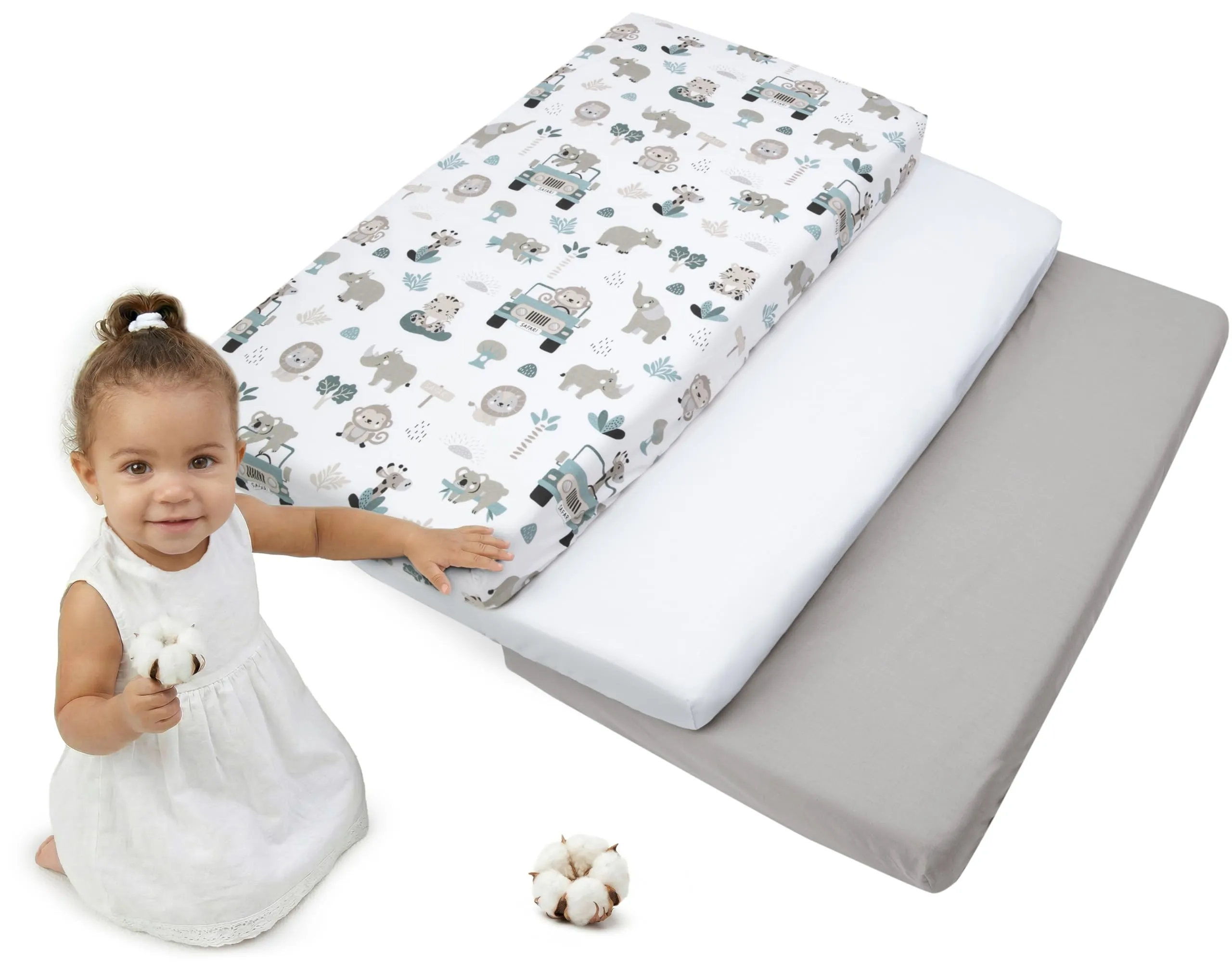 Medi Partners Lenzuola Lettino Set 3 Neonato 60x120-100% Cotone Lenzuolo con Angoli Culla Coprimaterasso fitted Materassino Sheet Letto Bambino Lenzuolino (Zoo Di Menta-Bianco-Grigio)