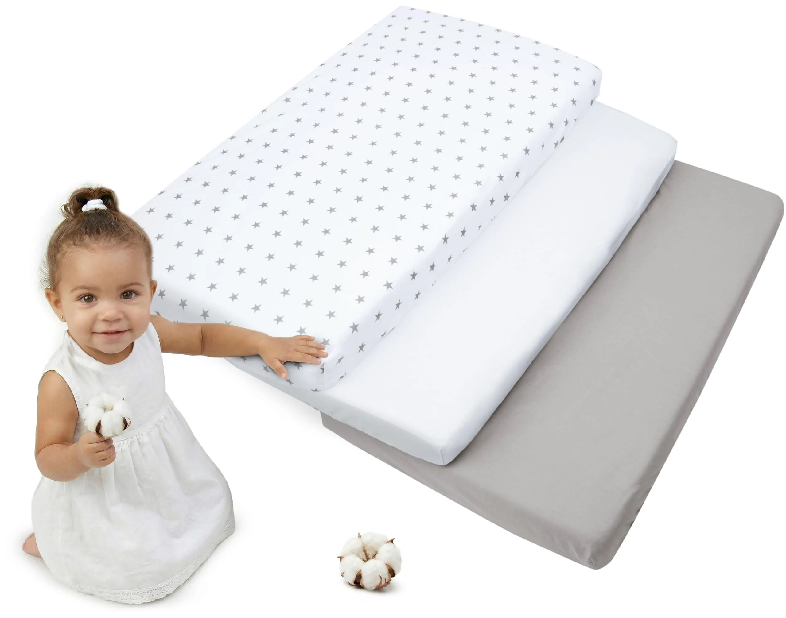 Medi Partners Lenzuola Lettino Set 3 Neonato 60x120-100% Cotone Lenzuolo con Angoli Culla Coprimaterasso fitted Materassino Sheet Letto Bambino Lenzuolino (Stelle Grigie Su Bianco-Bianco-Grigio)