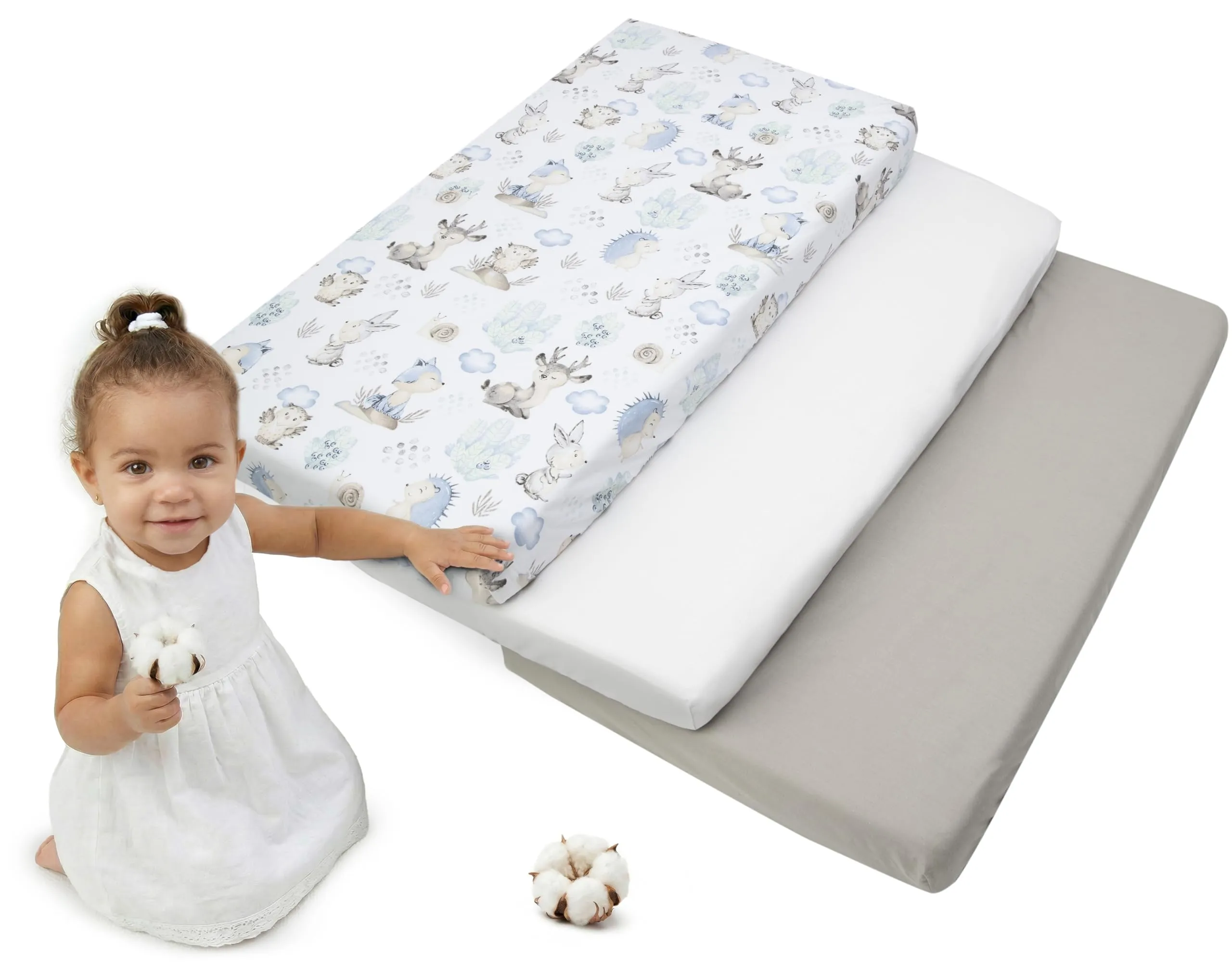 Medi Partners Lenzuola Lettino Set 3 Neonato 60x120-100% Cotone Lenzuolo con Angoli Culla Coprimaterasso fitted Materassino Sheet Letto Bambino Lenzuolino (Cervo E Riccio-Bianco-Grigio)
