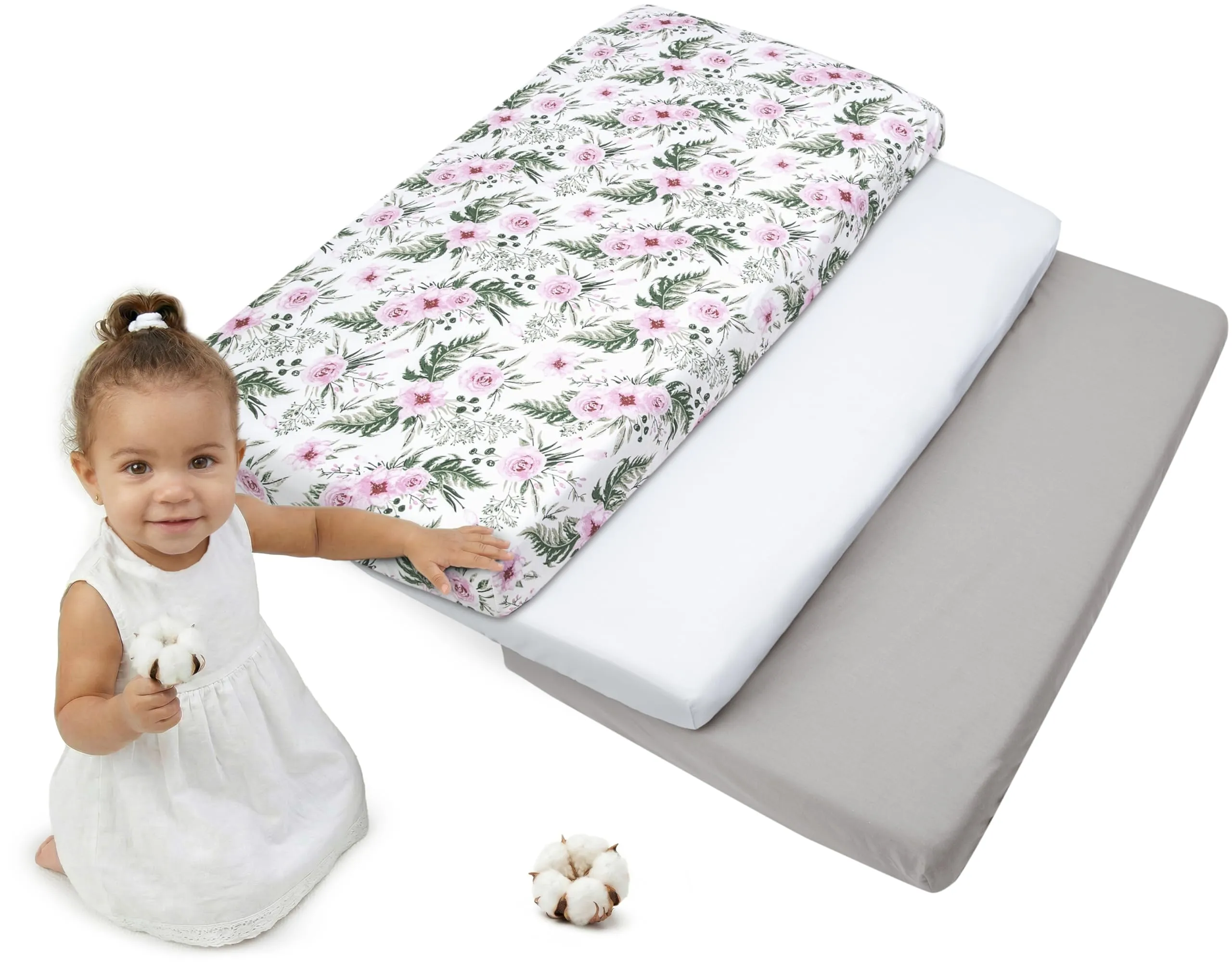 Medi Partners Lenzuola Lettino Set 3 Neonato 60x120-100% Cotone Lenzuolo con Angoli Culla Coprimaterasso fitted Materassino Sheet Letto Bambino Lenzuolino (Fiori Rosa-Bianco-Grigio)