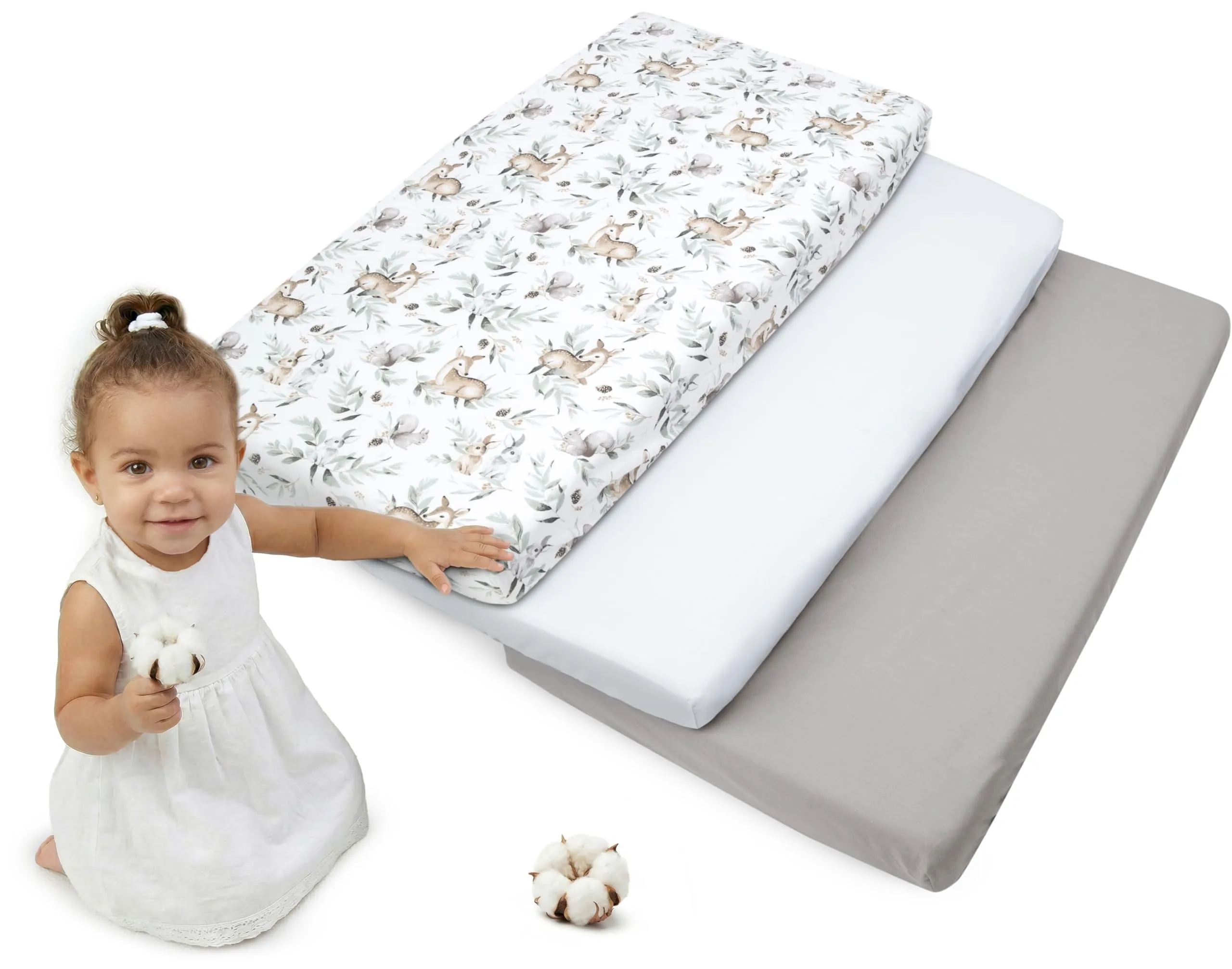 Medi Partners Lenzuola Lettino Set 3 Neonato 60x120-100% Cotone Lenzuolo con Angoli Culla Coprimaterasso fitted Materassino Sheet Letto Bambino Lenzuolino (Cervo E Scoiattolo-Bianco-Grigio)