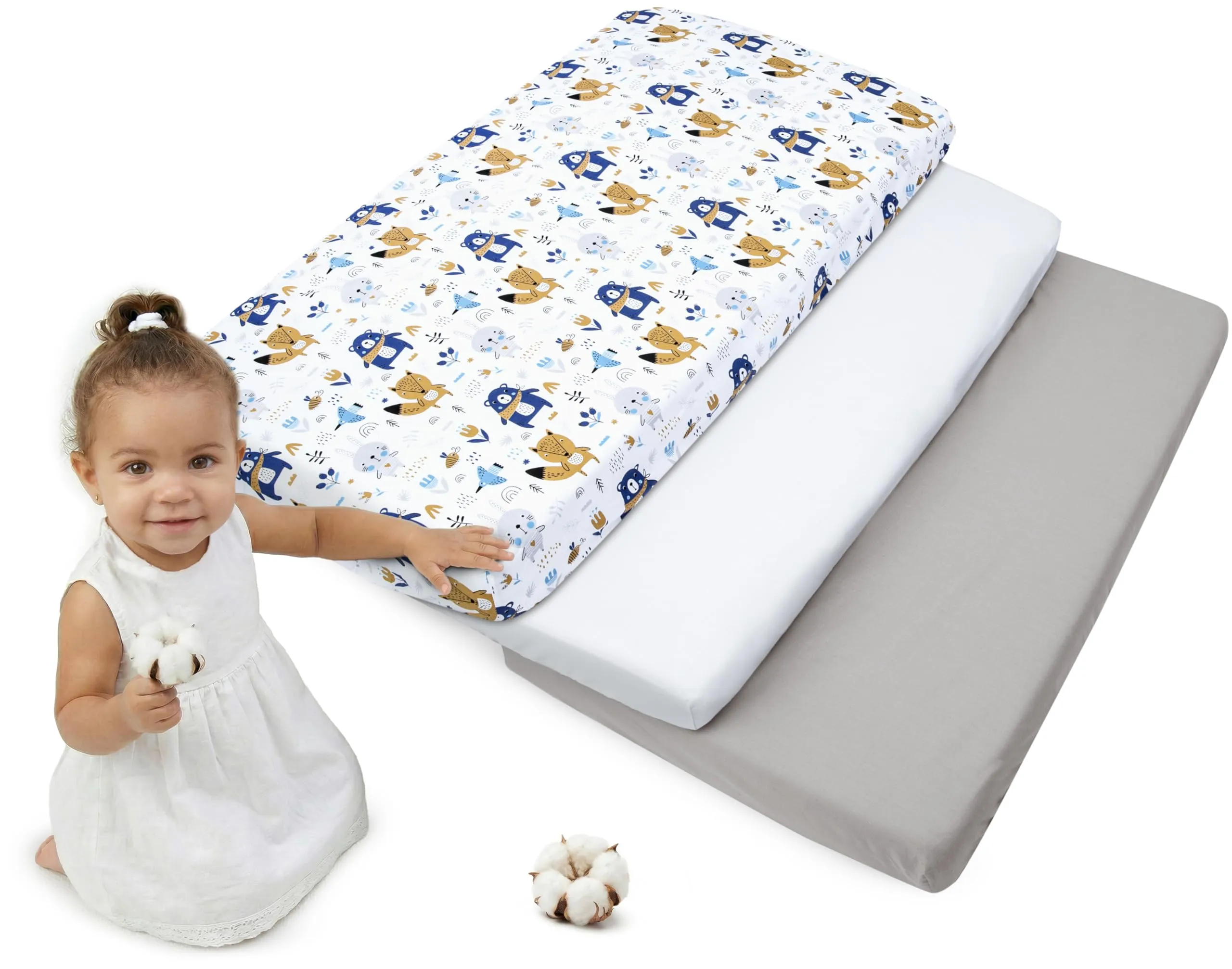 Medi Partners Lenzuola Lettino Set 3 Neonato 60x120-100% Cotone Lenzuolo con Angoli Culla Coprimaterasso fitted Materassino Sheet Letto Bambino Lenzuolino (Boho Animals-Bianco-Grigio)