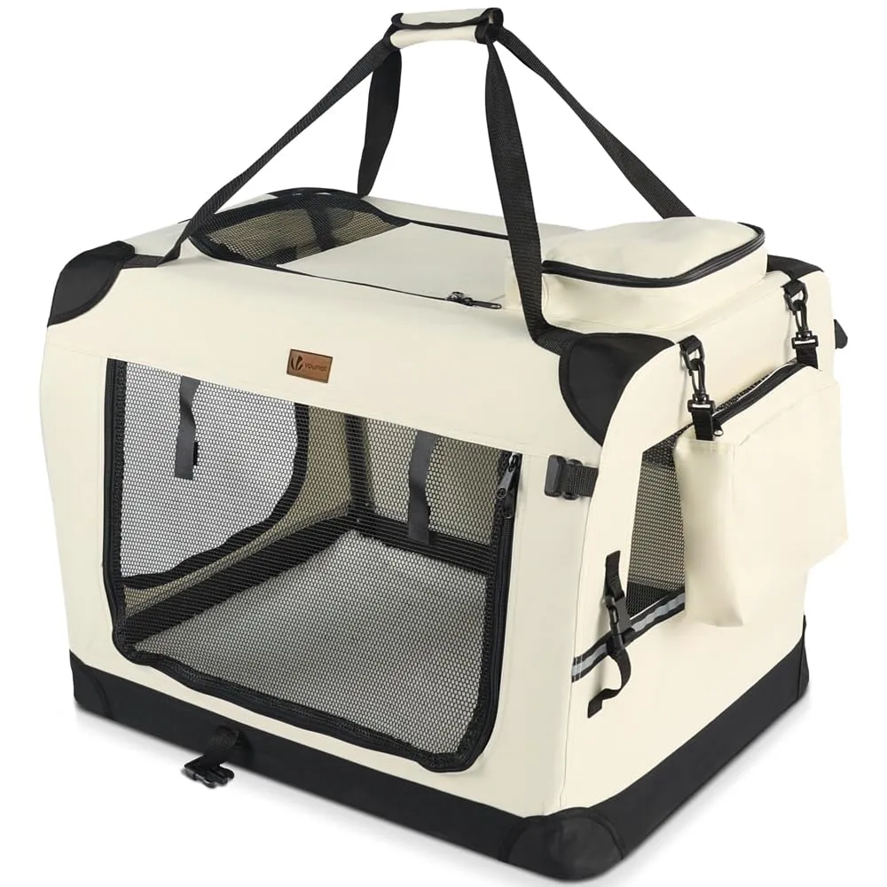 VOUNOT® Trasportino per Cani Gatti Borsa da Trasporto Cane con Materasso Morbido Striscia Riflettente, Box Scatola Pieghevole Viaggio per Animali Domestici, Portabile Traspirante, (XL)82x60x60cm Beige