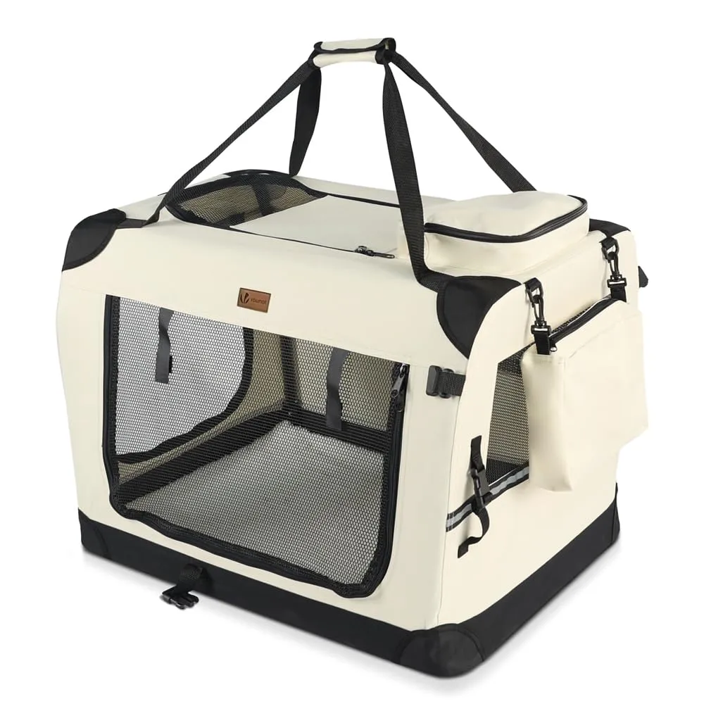 VOUNOT® Trasportino per Cani Gatti Borsa da Trasporto Cane con Materasso Morbido Striscia Riflettente, Box Scatola Pieghevole Viaggio per Animali Domestici, Portabile Traspirante, (L) 70x52x52cm Beige