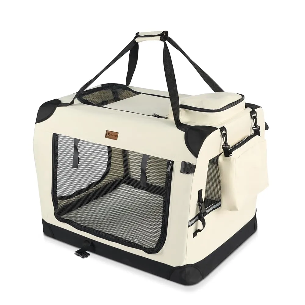 VOUNOT® Trasportino per Cani Gatti Borsa da Trasporto Cane con Materasso Morbido Striscia Riflettente, Box Scatola Pieghevole Viaggio per Animali Domestici, Portabile Traspirante, (M) 60x44x44cm Beige