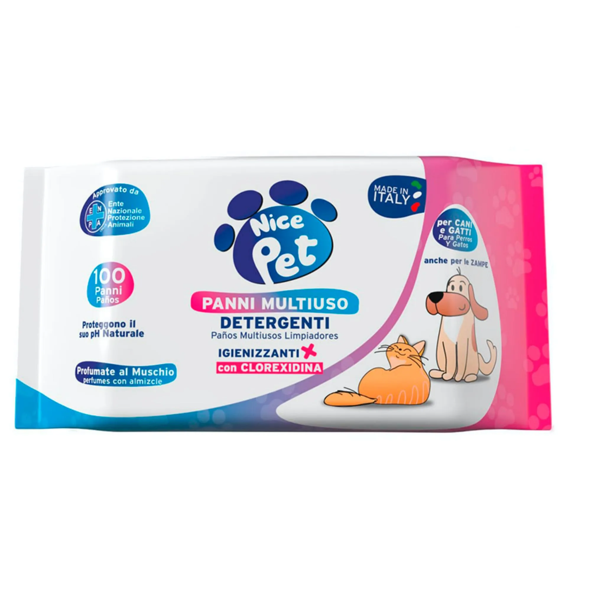 Nice Pet Salviette Multiuso Detergenti Igienizzanti per Cani e Gatti, Formulazione Profumata al Muschio con Clorexidina, Confezione da 100 Salviette Umidificate