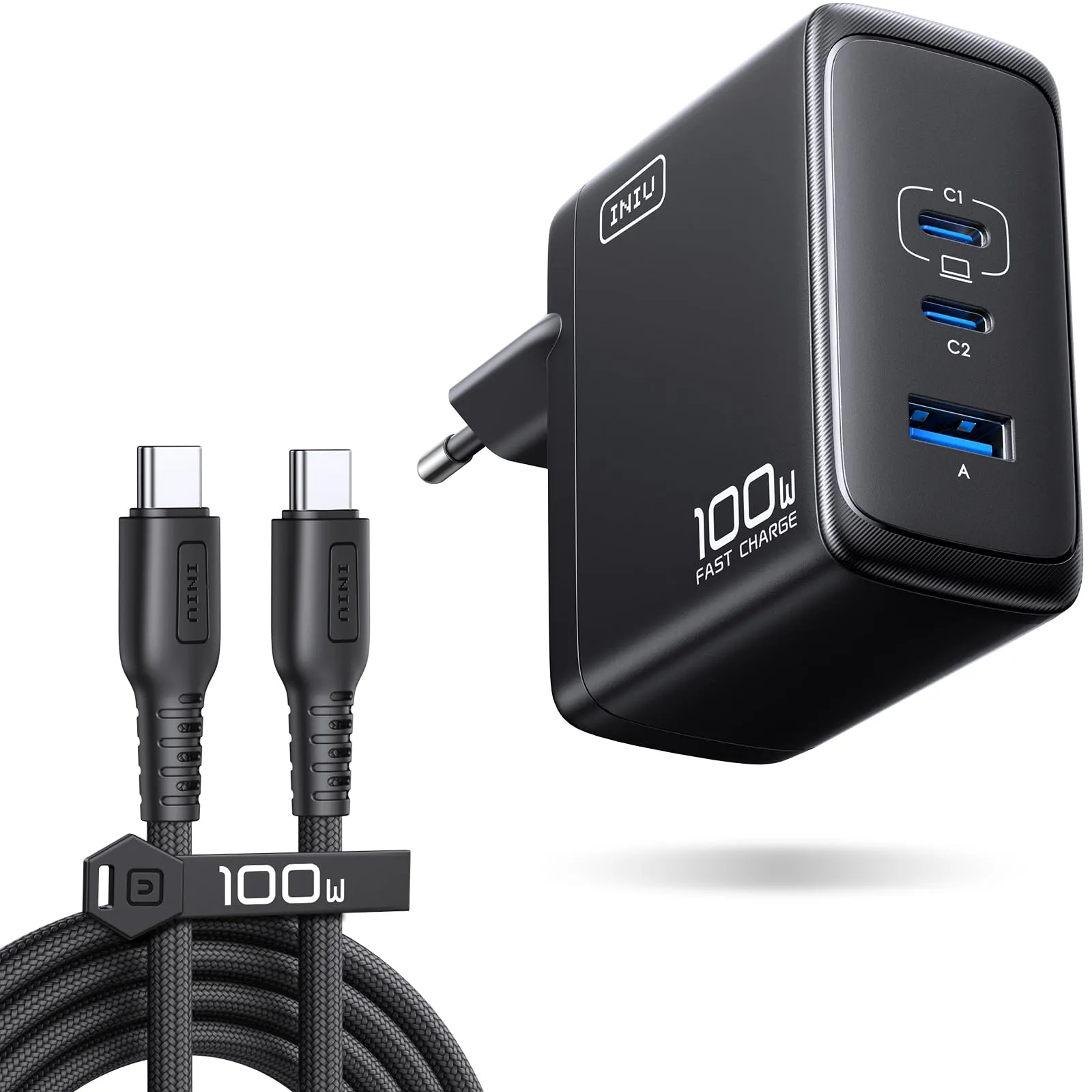 INIU 100W USB C Caricatore, GaN Multiplo Presa Caricabatterie con 100W Cavo