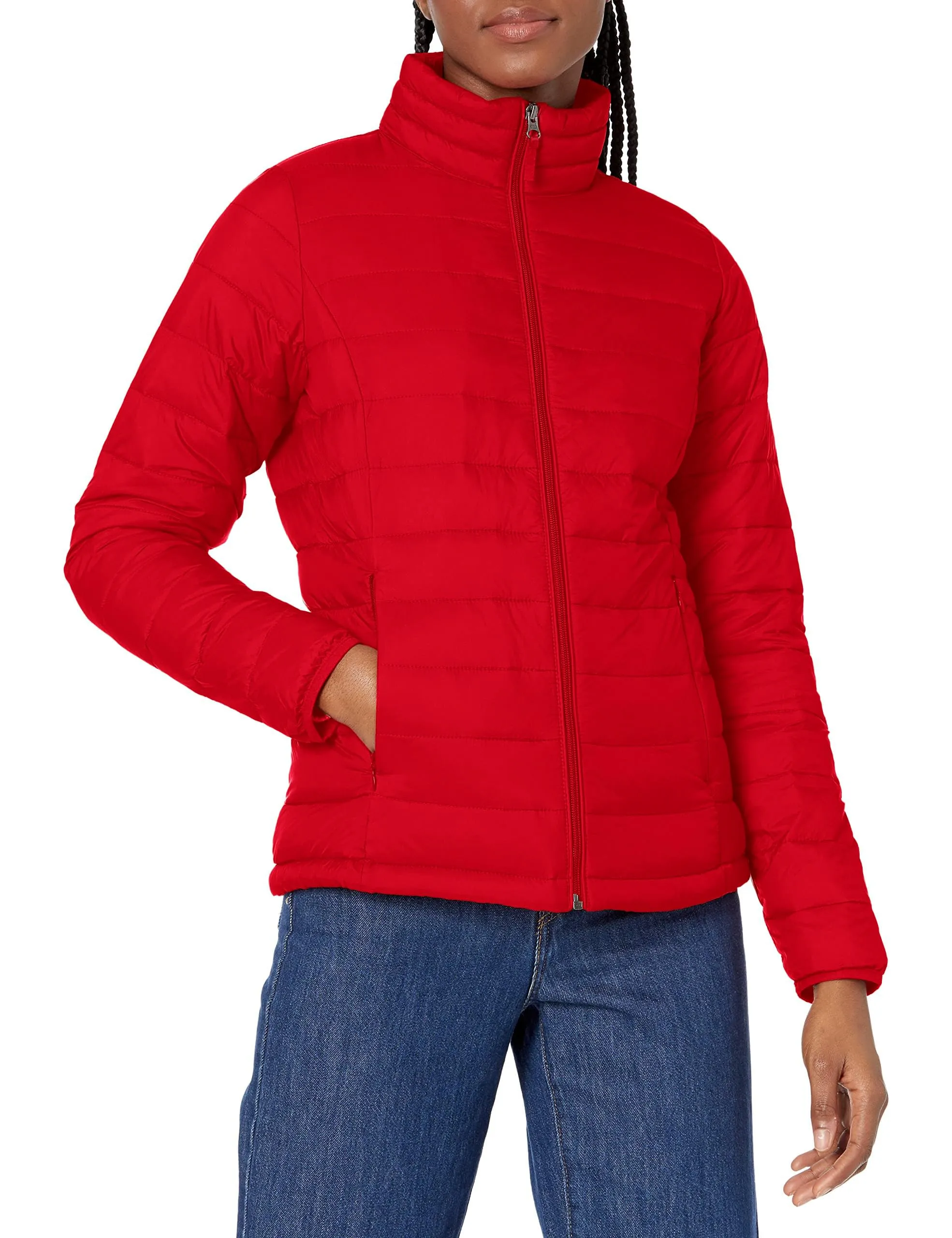 Amazon Essentials Piumino leggero a maniche lunghe resistente all'acqua ripiegabile (disponibile in taglie forti) Donna, Rosso Papavero Brillante, XS