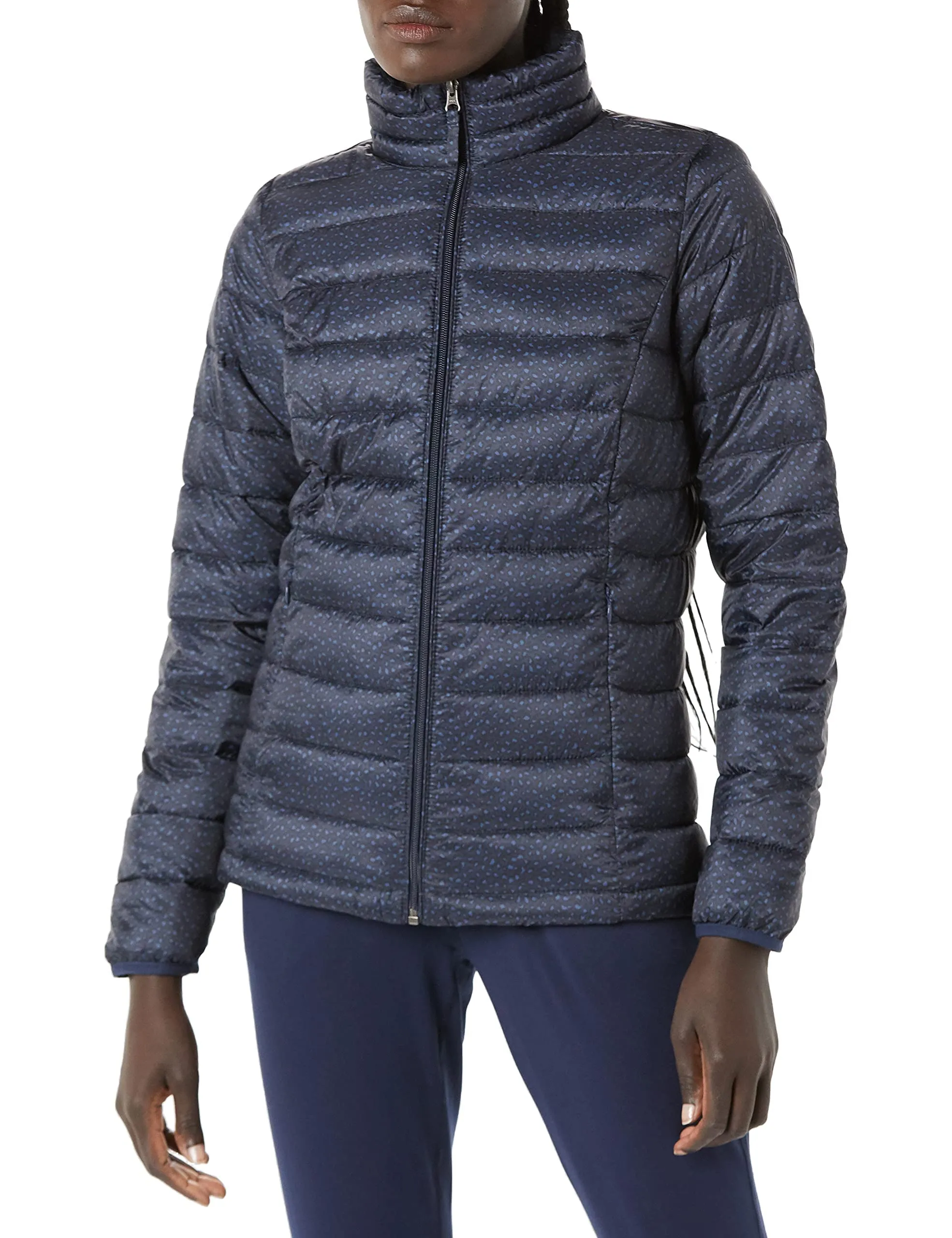 Amazon Essentials Piumino Leggero a Maniche Lunghe Resistente all'Acqua Ripiegabile (Disponibile in Taglie Forti) Donna, Blu Marino Maculata, XL Plus