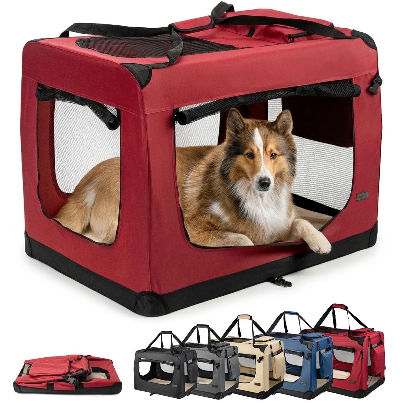 lionto Trasportino Cane, Pieghevole, Viaggio e Auto, 90x61x65 cm, Rosso