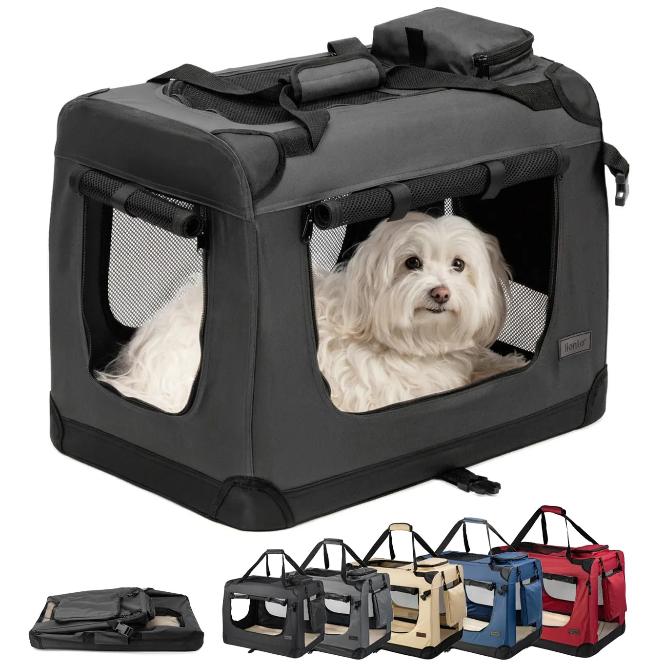 lionto Trasportino Cane, Pieghevole, Viaggio e Auto, 60x42x44 cm, Nero