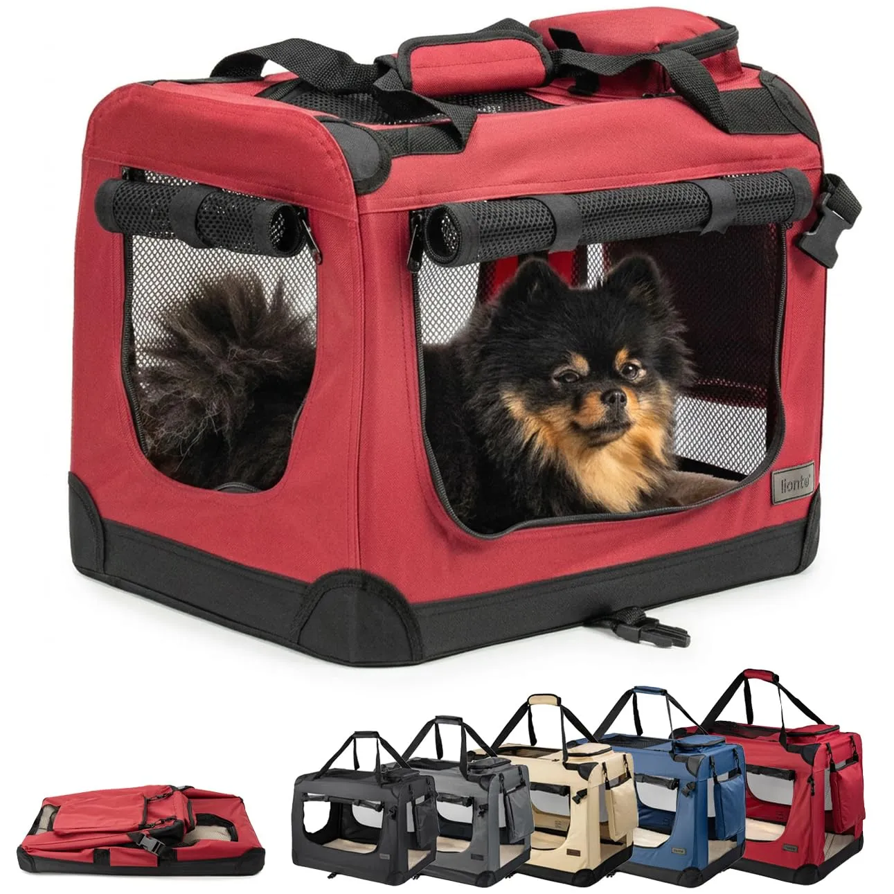 lionto Trasportino Cane, Pieghevole, Viaggio e Auto, 50x34x36 cm, Rosso