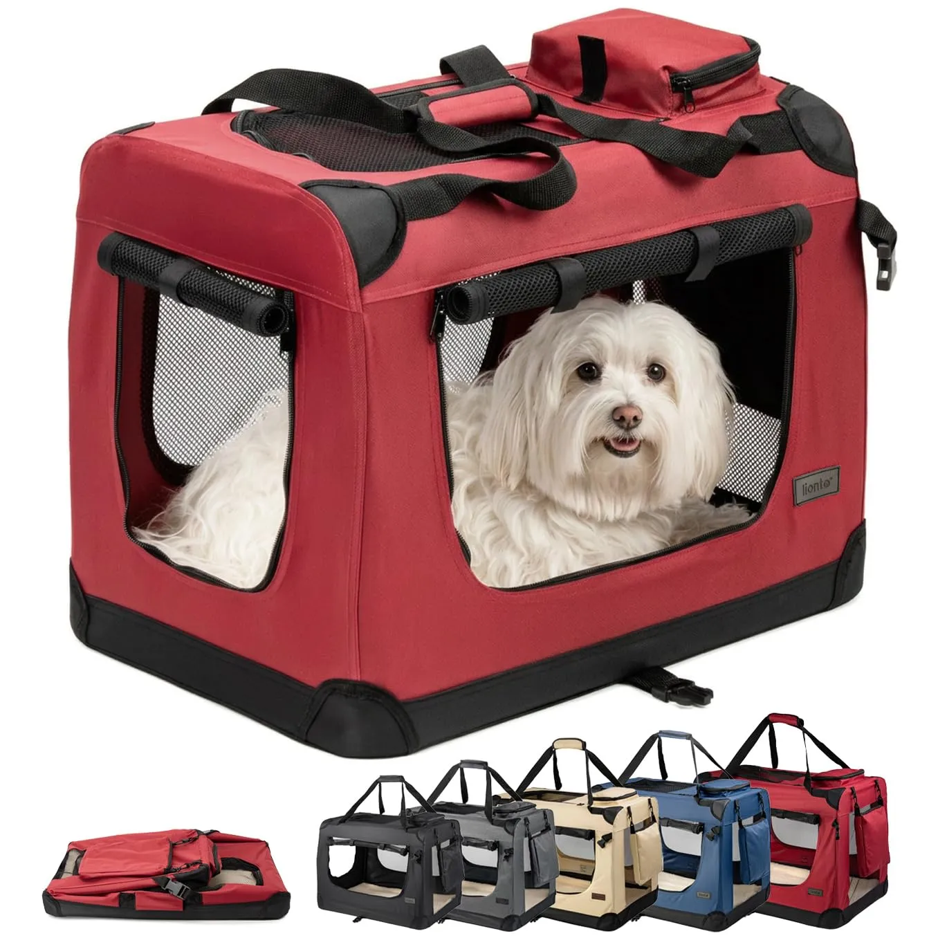lionto Trasportino Cane, Pieghevole, Viaggio e Auto, 60x42x44 cm, Rosso