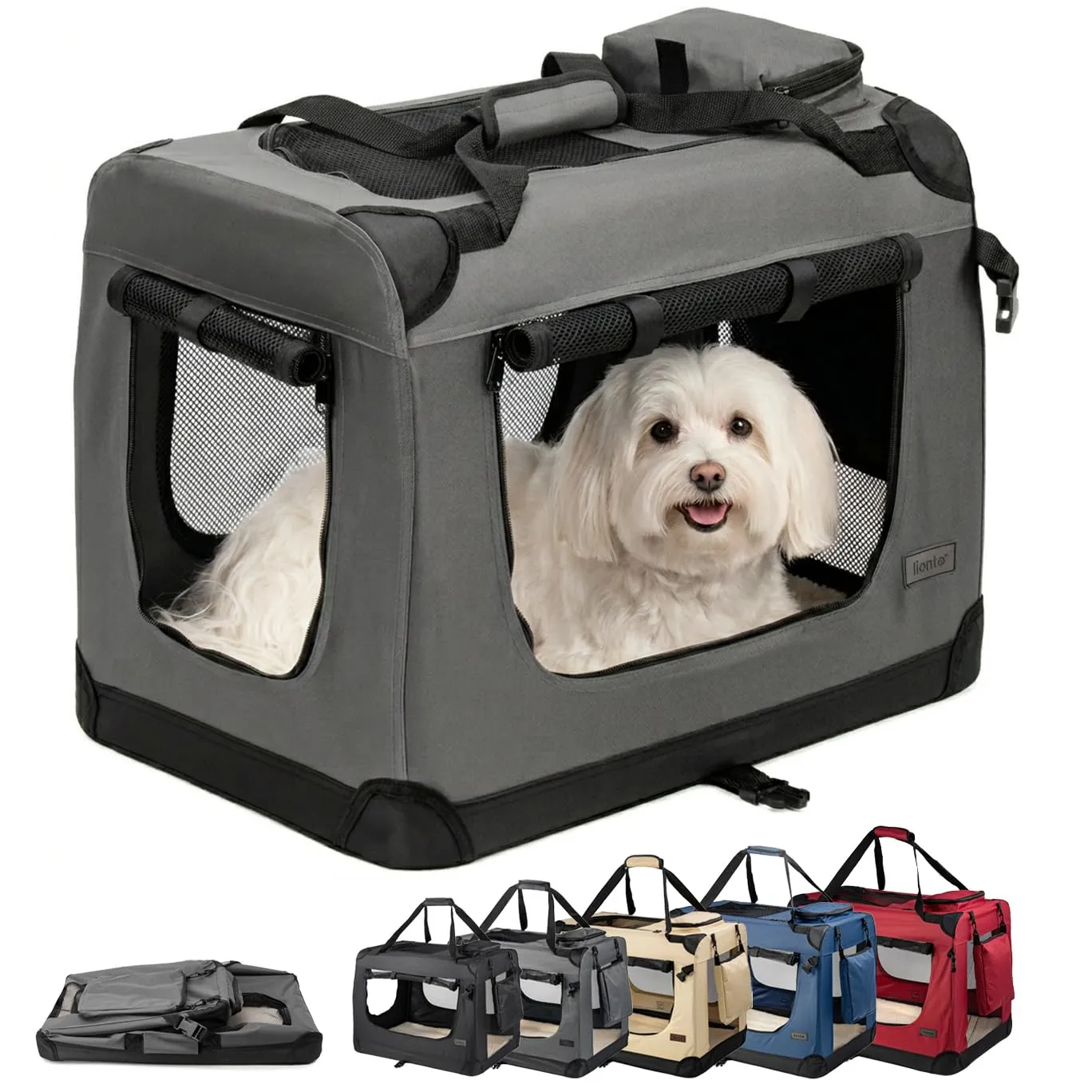 lionto Trasportino Cane, Pieghevole, Viaggio e Auto, 60x42x44 cm, Grigio
