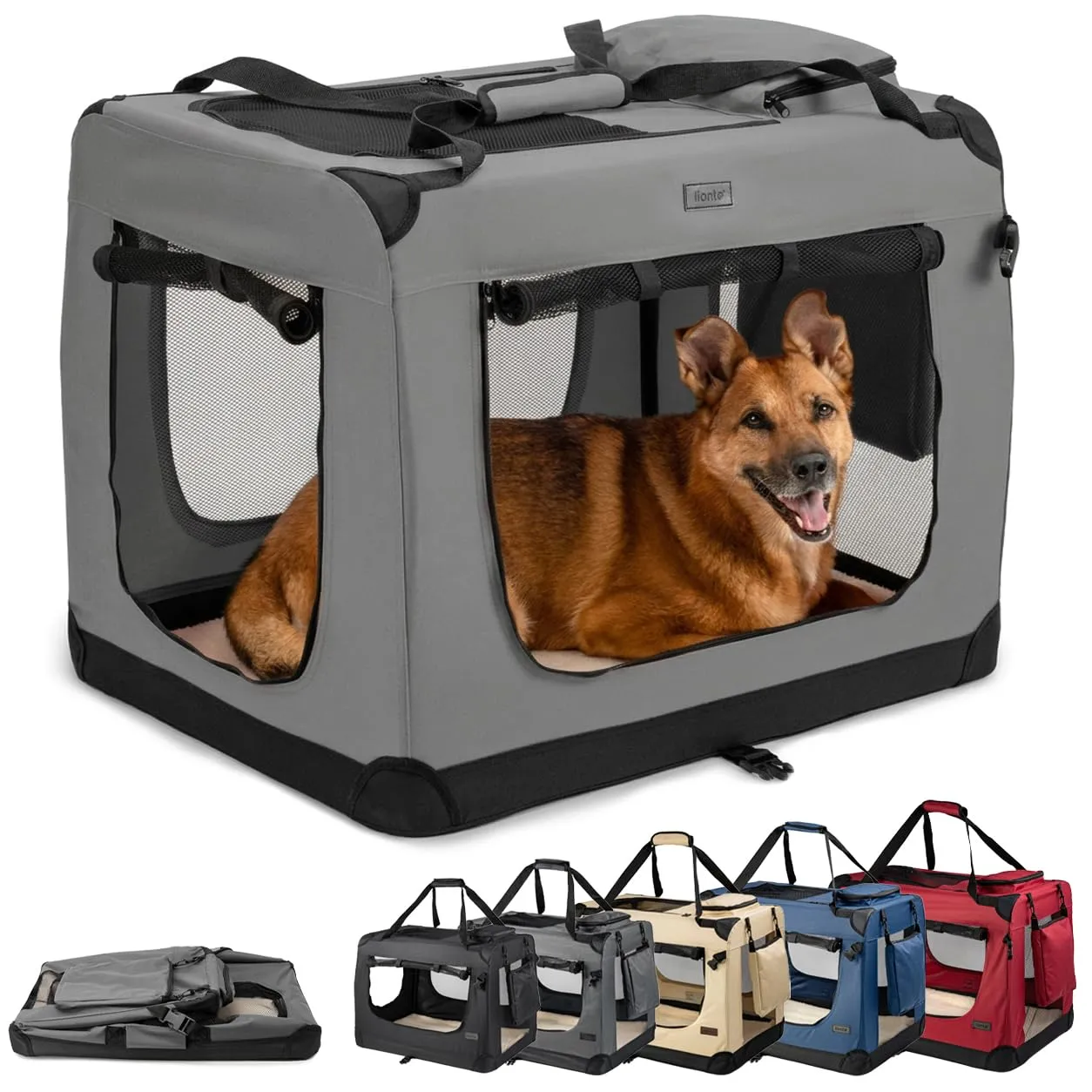 lionto Trasportino Cane, Pieghevole, Viaggio e Auto, 82x58x58 cm, Grigio