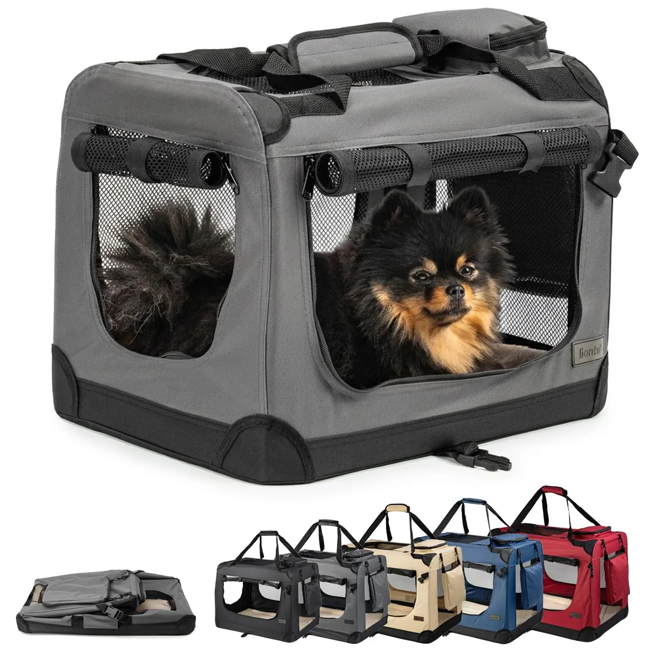 lionto Trasportino Cane, Pieghevole, Viaggio e Auto, 50x34x36 cm, Grigio