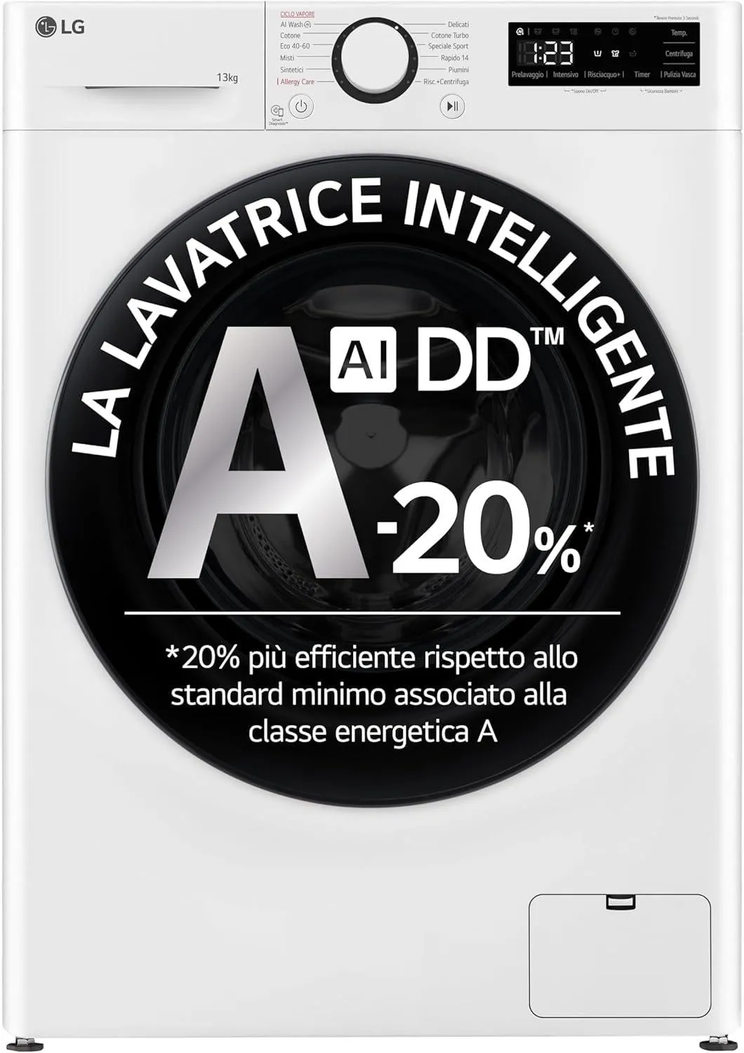 LG AI DD F4R3013NSWB Lavatrice Classe A -10%, Carica Frontale Serie R3, Lavatrice 13kg, 1400 giri, AIWash, Lavaggio a vapore, Motore Direct Drive, Smart Diagnosis, Libera installazione, Bianca