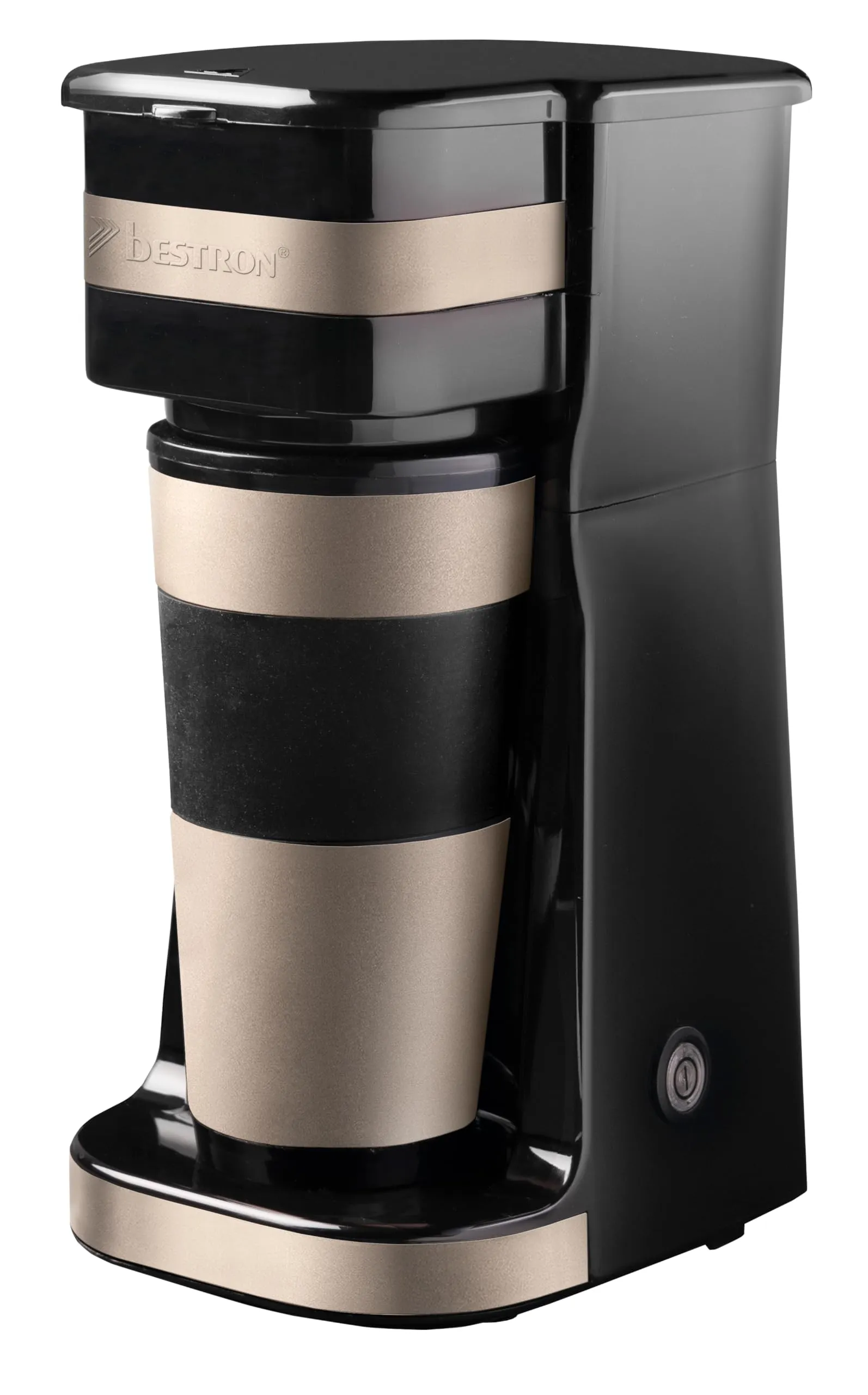 Bestron Caffettiera con tazza isolata, caffettiera da campeggio per caffè macinato con filtro, piccola caffettiera per 2 tazze grandi, 750 watt, acciaio inox, colore: beige chiaro/satinato