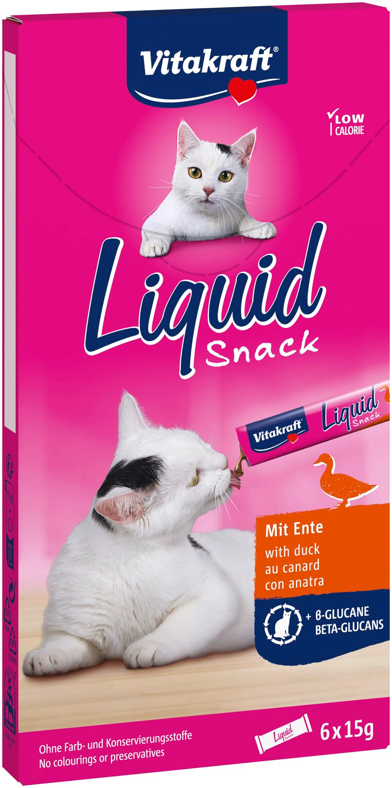 Vitakraft Liquid Snack, golosità per gatti, anatra e beta-glucani (6x 15 g)