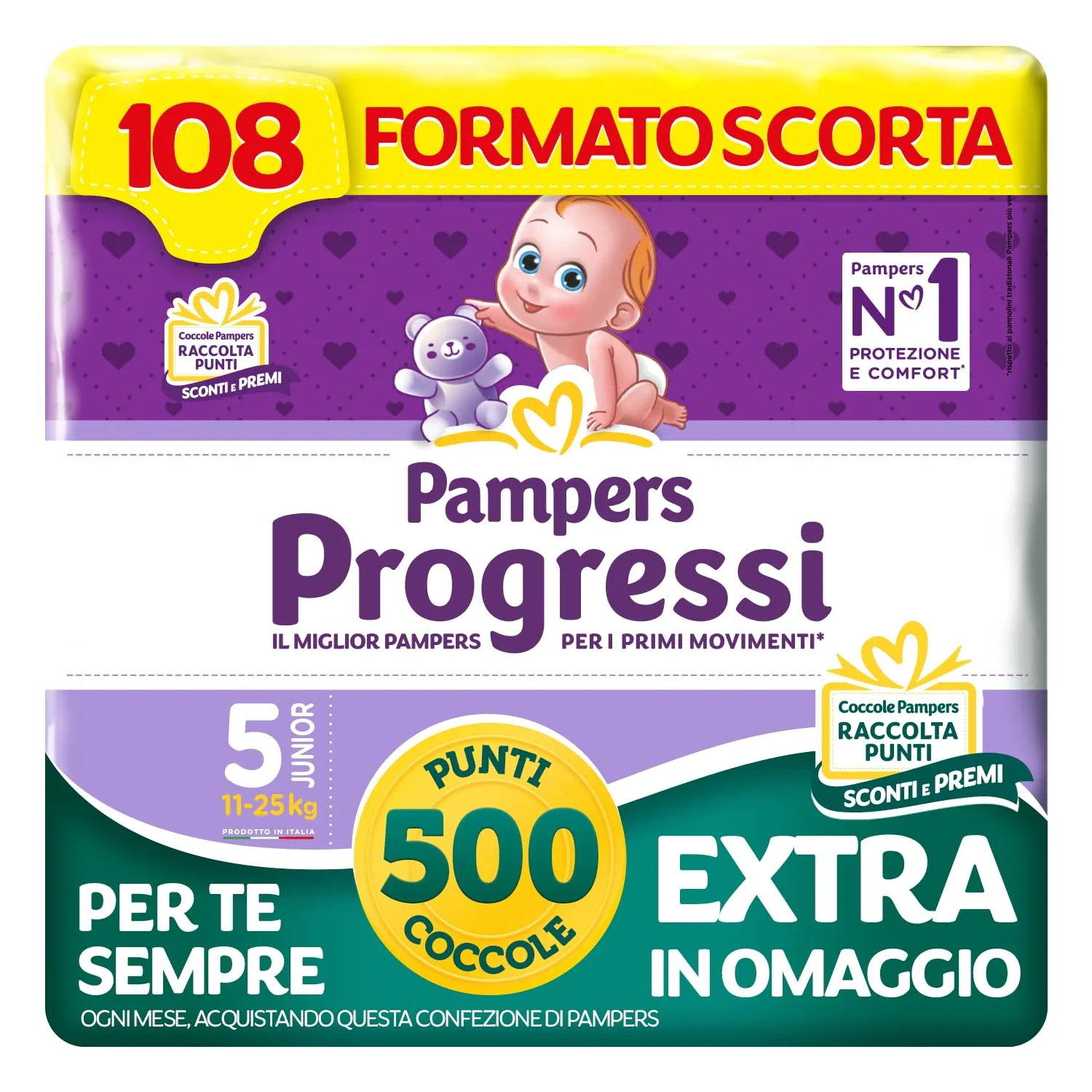 Pampers Progressi Junior, Taglia 5 (11-25 kg), 108 Pannolini Bambino
