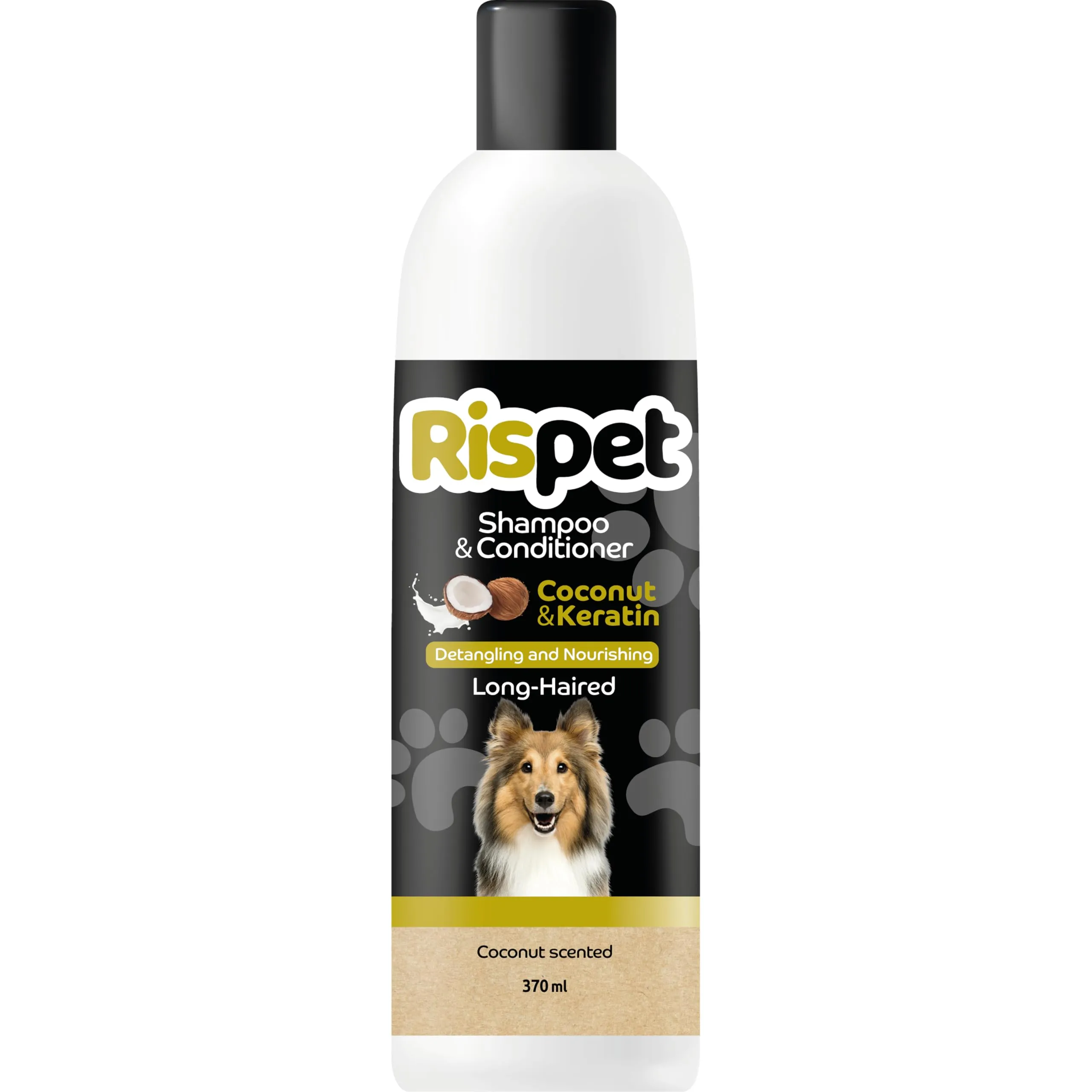 RISPET Shampoo e Balsamo Cocco e Cheratina, Detergente e Igienizzante per Cani e Animali a Pelo Lungo, Formula Delicata Senza Allergeni e pH Bilanciato, Profumazione al Cocco, 370ml