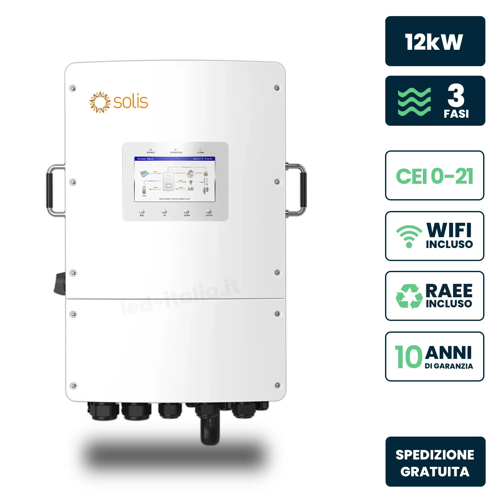 V-TAC Inverter Fotovoltaico Solis Trifase Ibrido On-Grid/Off-Grid 12kW Doppio MPPT Schermo LCD WiFi Meter e TA Inclusi Garanzia 10 Anni IP66