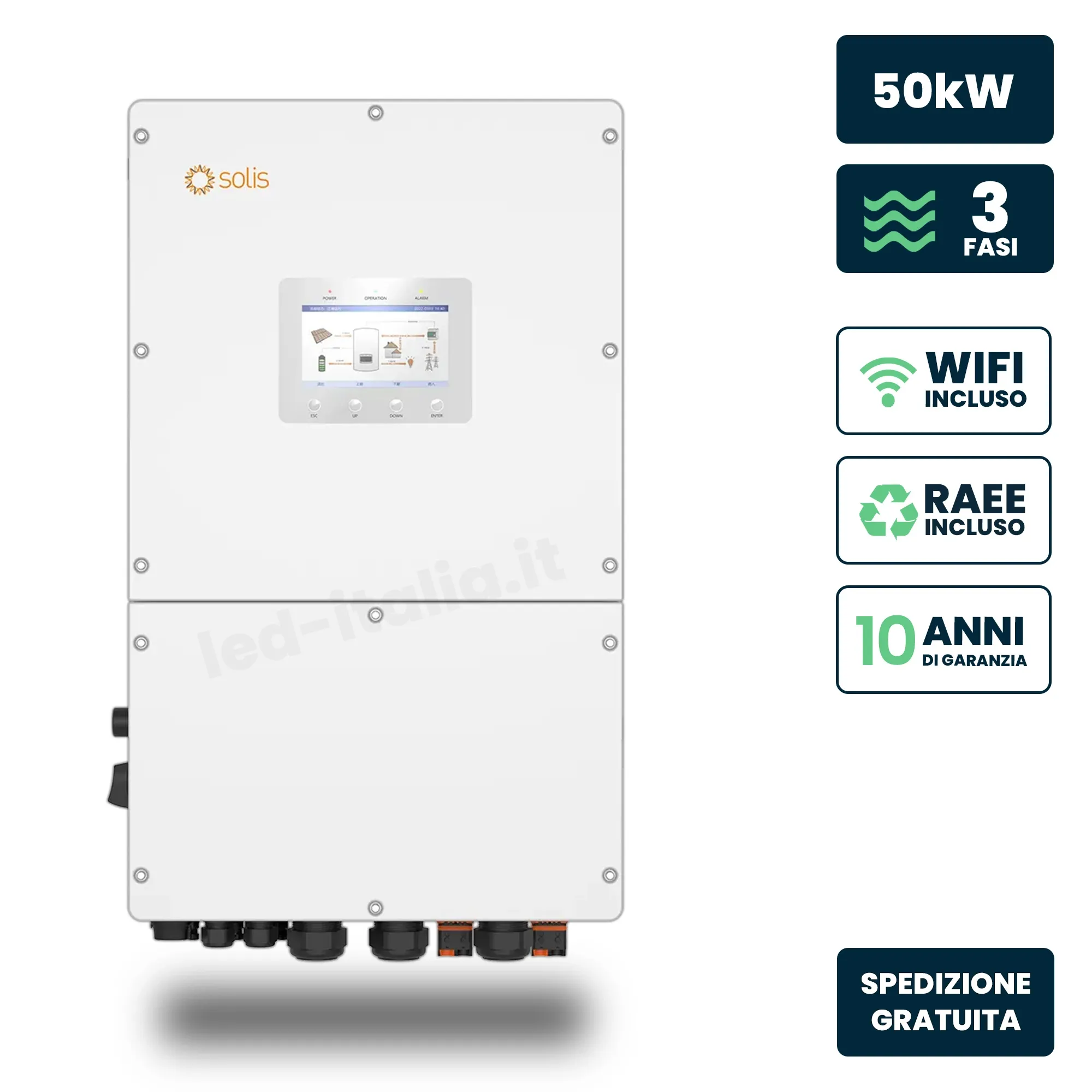 Inverter Fotovoltaico Alta Tensione Solis Trifase Ibrido On-Grid/Off-Grid 50Kw Quadruplo Mppt Schermo Lcd Wifi Meter E Ta Inclusi Garanzia 10 Anni Ip66