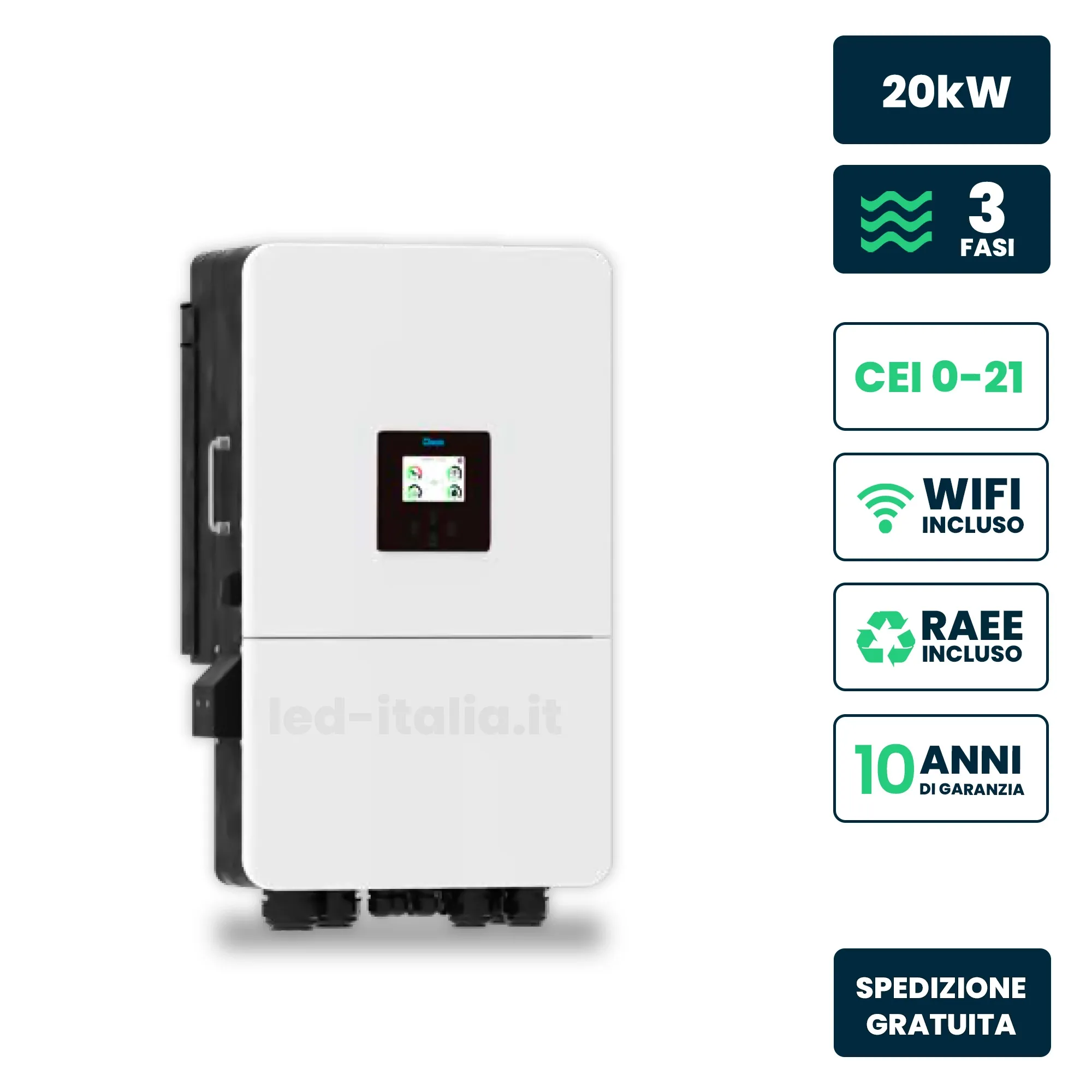 V-TAC Inverter Fotovoltaico Deye Trifase Ibrido On-Grid/Off-Grid 20kW Doppio MPPT CEI 0-21 Schermo LCD Touch WiFi e TA Inclusi Garanzia 10 Anni IP65
