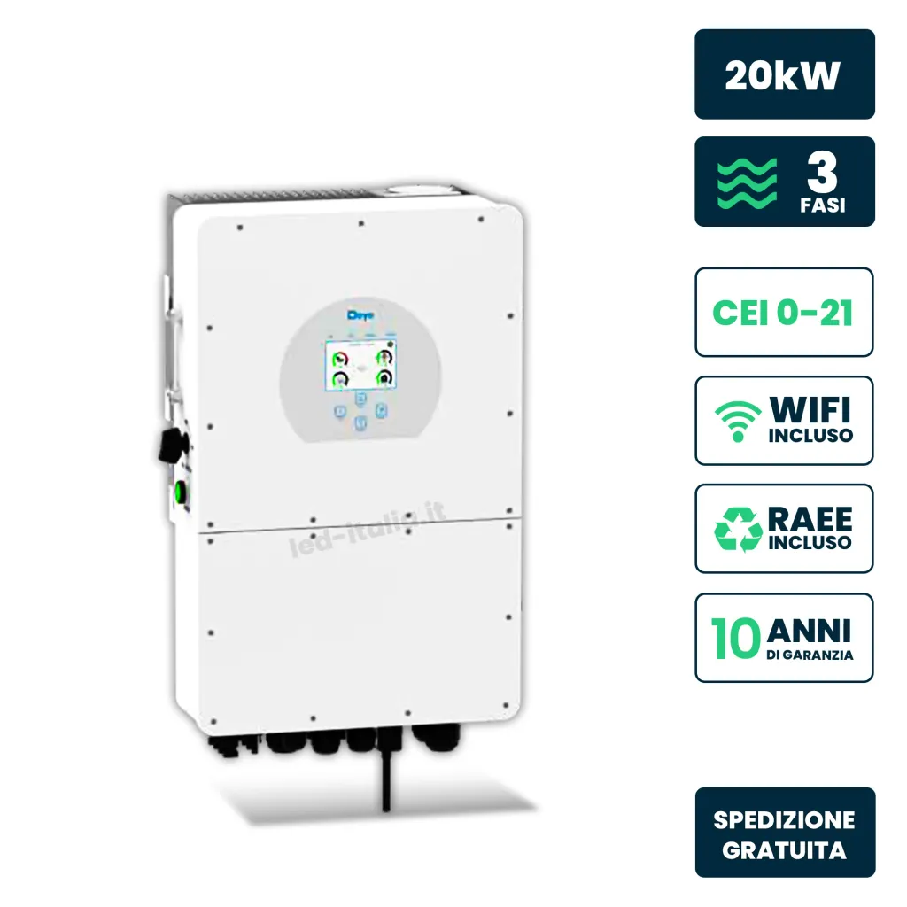 V-TAC Inverter Fotovoltaico Alta Tensione Deye Trifase Ibrido On-Grid/Off-Grid 20kW Doppio MPPT CEI 0-21 Schermo LCD Touch WiFi e TA Inclusi Garanzia 10 Anni IP65