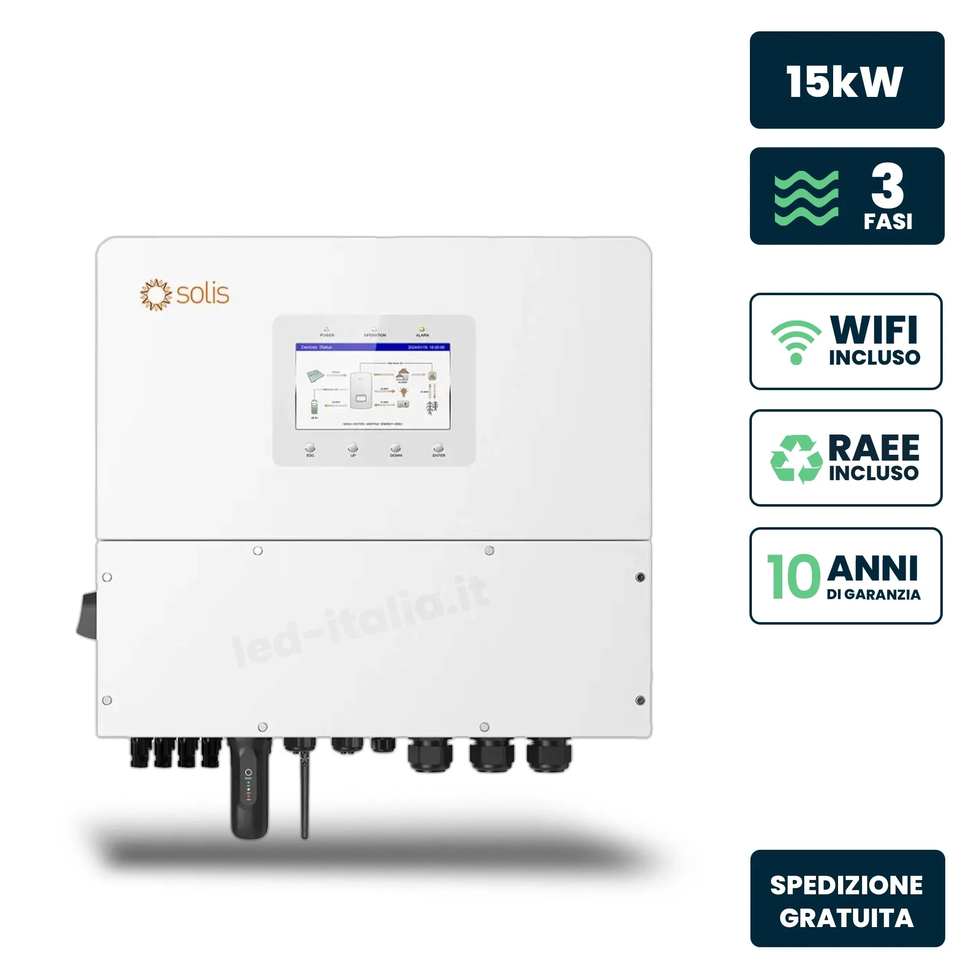 V-TAC Inverter Fotovoltaico Alta Tensione Solis Trifase Ibrido On-Grid/Off-Grid 15kW Quadruplo MPPT CEI 0-21 Schermo LCD Meter e TA Inclusi Garanzia 10 Anni IP66