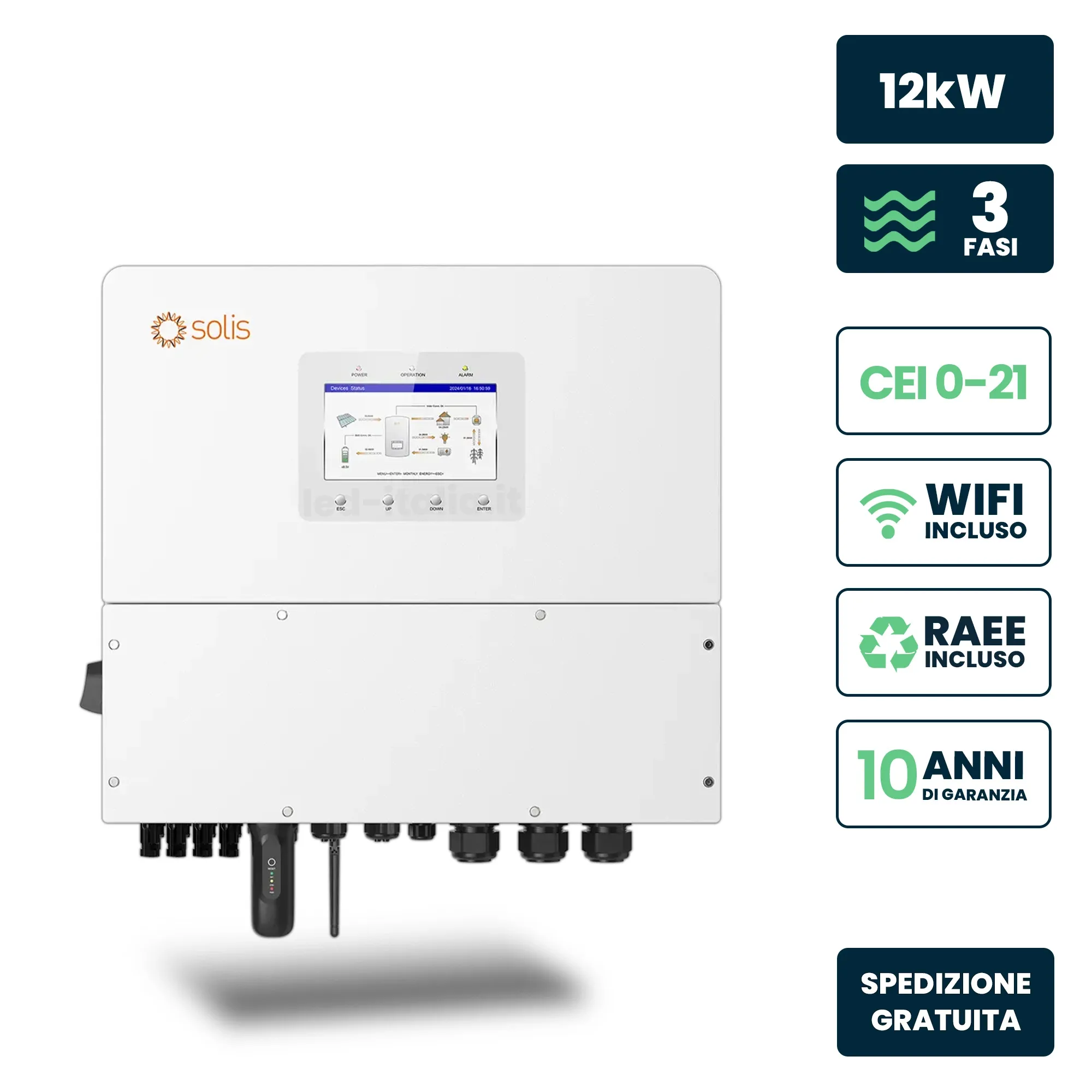Inverter Fotovoltaico Alta Tensione Solis Trifase Ibrido On-Grid/Off-Grid 12Kw Quadruplo Mppt Cei 0-21 Schermo Lcd Meter E Ta Inclusi Garanzia 10 Anni Ip66