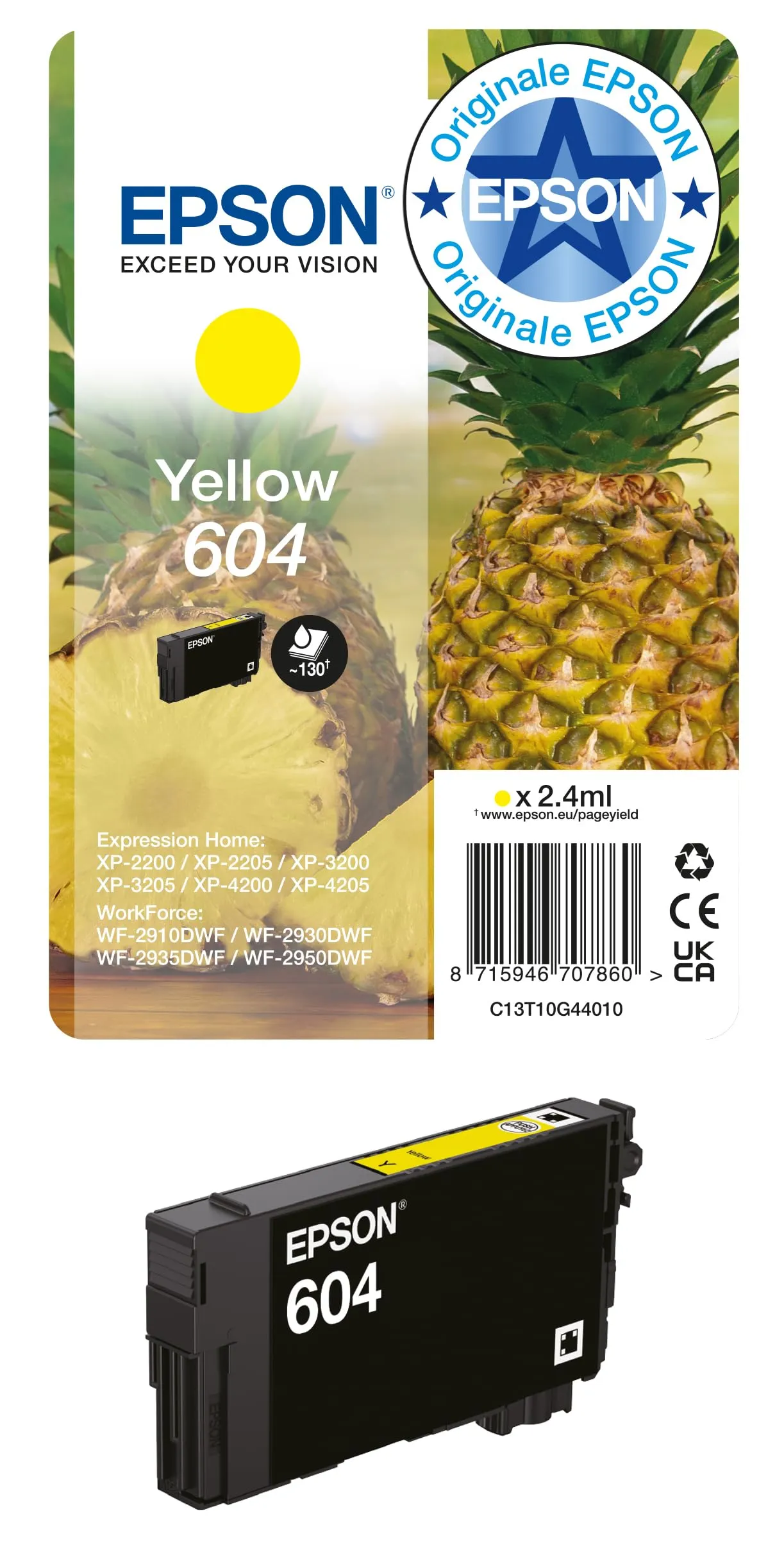 Epson 604 Serie Ananas - Cartucce per stampante getto d'inchiostro, Singlepack 1 Colore (Giallo 2.4 ml), Formato STD, Stampe affidabili casa e ufficio, Confezione Retail, C13T10G44010