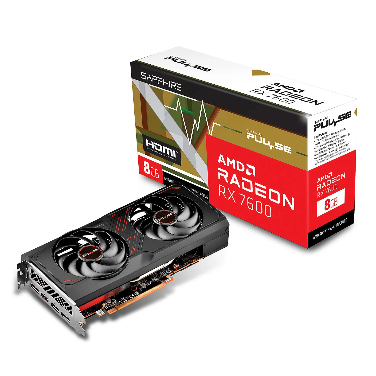 Sapphire Vga Radeon Rx 7600, Pulse 7600 Gaming, 8GB Gddr6, Hdmi / Triple Dp 11324-01-20G