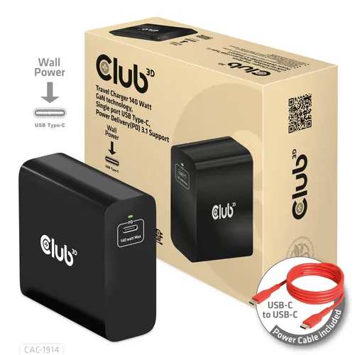 Club3d Travel Charger 140 Watt Gan Technology Single Port USB Type-C Power Delivery(pd) 3.1 Support CAC-1914eu