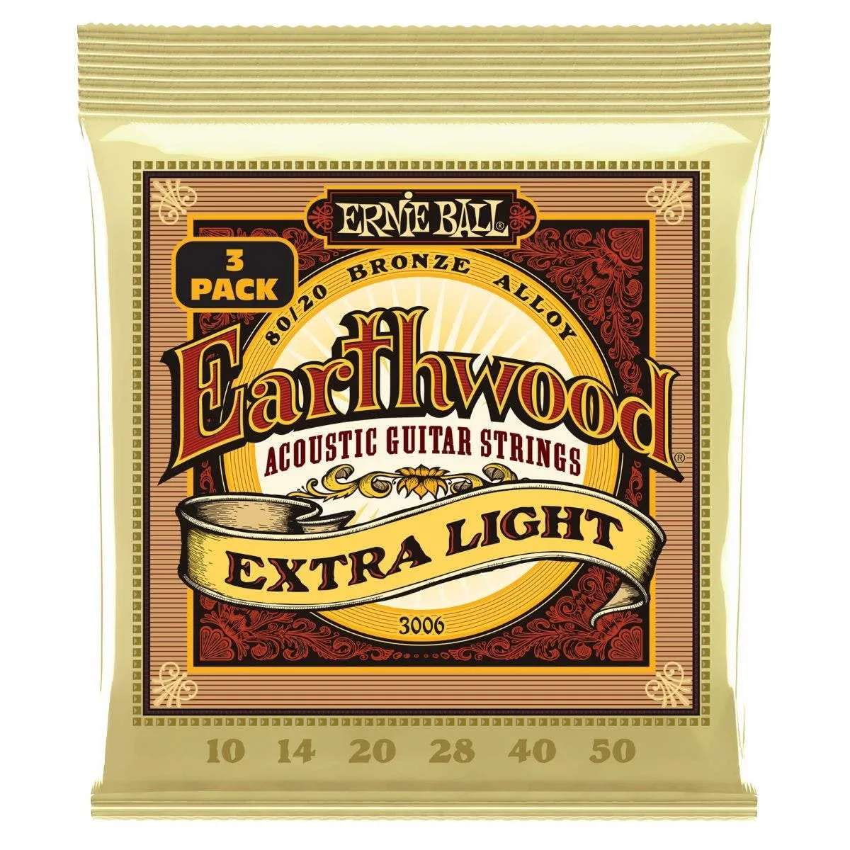 Ernie Ball Earthwood extra leggere 80/20 bronzo, Corde per chitarra acustica, confezione da 3, diametro 10-50