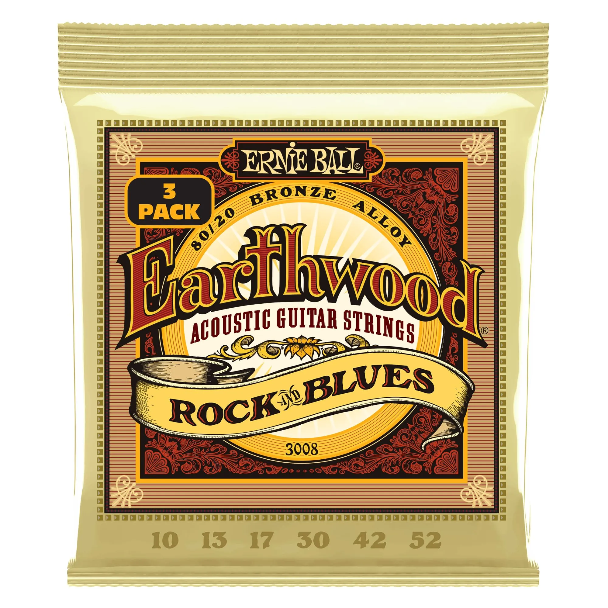 Ernie Ball Earthwood Rock and Blues 80/20 Bronze, Corde per chitarra acustica con Sol liscio, confezione da 3, diametro 10-52