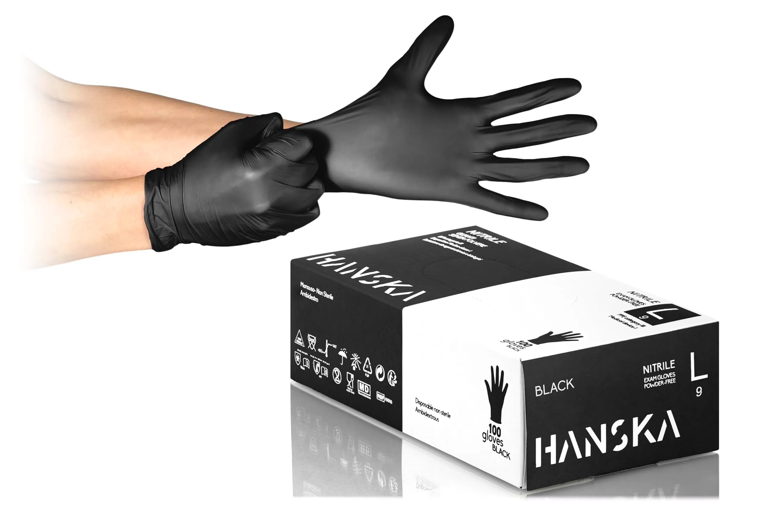 HANSKA 100 Guanti Monouso Nitrile Neri, L