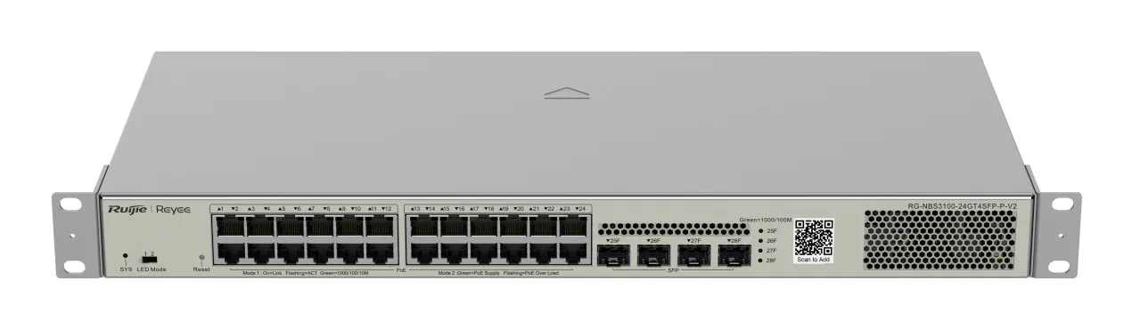 Ruijie Networks RG-NBS3100-24GT4SFP-P-V2 switch di rete Gestito L2 Gigabit Ethernet (10/100/1000) Supporto Power over Ethernet (PoE) Metallico