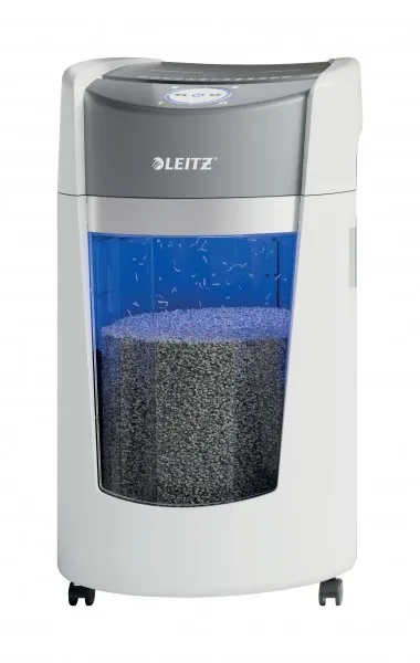 Leitz IQ OptiMax Distruggidocumenti manuale per ufficio DIN P5 - Distrugge fino a 10 fogli - Tempo di funzionamento continuo 120 m - Pattumiera da 35 litri con tecnologia di centrifuga - Colore bianco/grigio