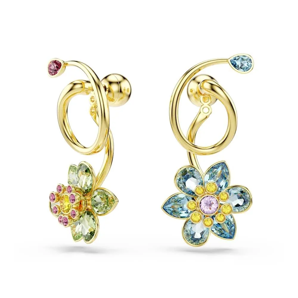 Swarovski Idyllia Orecchini Pendenti, con Cristalli Multicolore Swarovski, Motivo a Fiore, Design Asimmetrico, Taglio Misto, Placcatura in Tonalità Oro, 3,5 x 1,7 cm, peso (singolo orecchino) 4,41 g