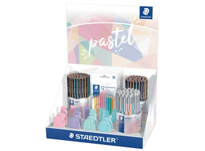 Espositore Staedtler con 182 pezzi assortiti - Modelli Noris 118 matite Noris 119 matite grafite 777 portamine 146 astucci C 525 gomme PS1 512 temperamatite PS2