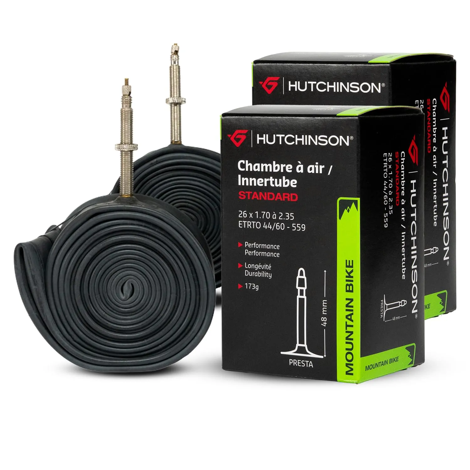 HUTCHINSON - Camera d'aria - Standard - Innertube - Resistenza e antiforatura - Bicicletta da strada - Valvola Presta - Spessore 0,9 mm - 48 MM - 26 x 1,70-2,35 - Set Di 2