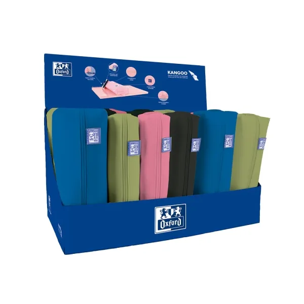 Espositore Oxford Live and Go con 22 custodie: 8 rettangolari medie 10 quadrate compatte 4 quadrate grandi - 395x24x245 cm - Colori vivaci assortiti.