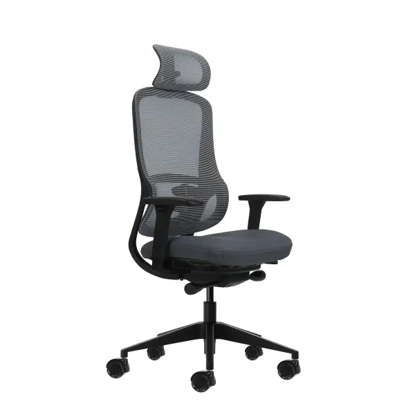 Sedia da ufficio ergonomica Oqonos Cherg 019 con poggiatesta cervicale regolabile meccanismo autobilanciante braccioli 4D sedile scorrevole e ruote in silicone - Grigio con struttura nera