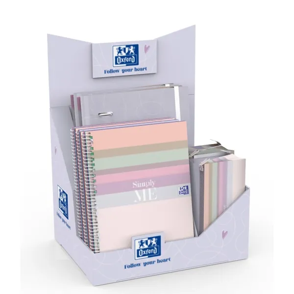 Espositore Oxford Cute con 13 prodotti: 4 raccoglitori ad anelli formato A4+ 5 quaderni a spirale formato A5+ 4 astucci triangolari colori assortiti.