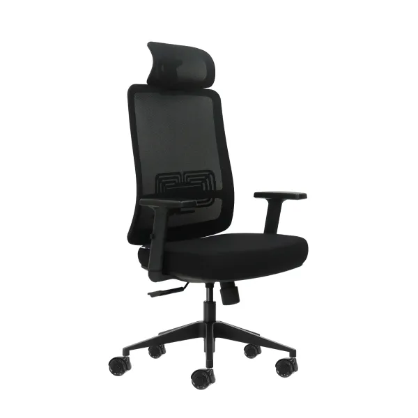 Sedia da ufficio ergonomica Oqonos Cherg 016 con poggiatesta cervicale regolabile tessuto impermeabile meccanismo autobilanciante supporto lombare regolabile braccioli regolabili in altezza e ruote in silicone - Nera