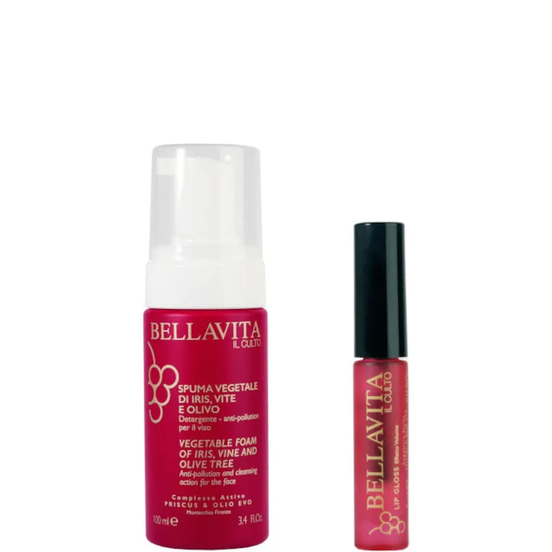 Bellavita Il Culto Priscus & Olio Evo - Spuma Vegetale di Iris, Vite e Olivo Confezione 100 ML Detergente Mousse Viso + Lip Gloss Effetto Volume - 100 ML Detergente Mousse Viso + Lip Gloss Effetto Volume